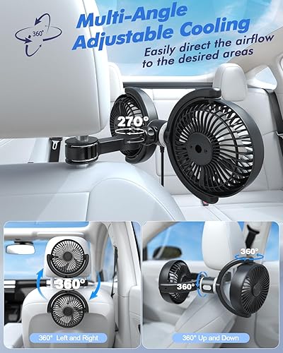 Miniatura 5 de Ventilador de Coche Alimentado por USB para Bebé: Ventiladores de Refrigeración Dobles para Asiento Trasero de 3 Velocidades Controladas por