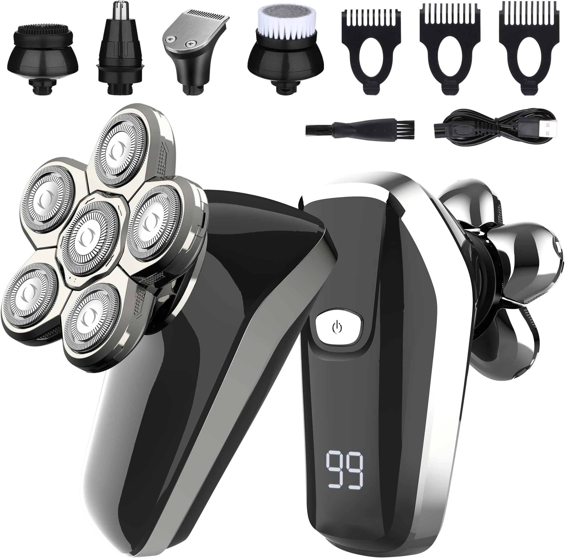 Electric Shaver Razor 5 in 1, Upgrade 6D Electric Razor for Bald Men, Head & Face Electric Shaver, Waterproof Wet Dry Cordless LED Rotary Shaver Grooming Kit with Nose Hair Beard Trimmer Clippers
