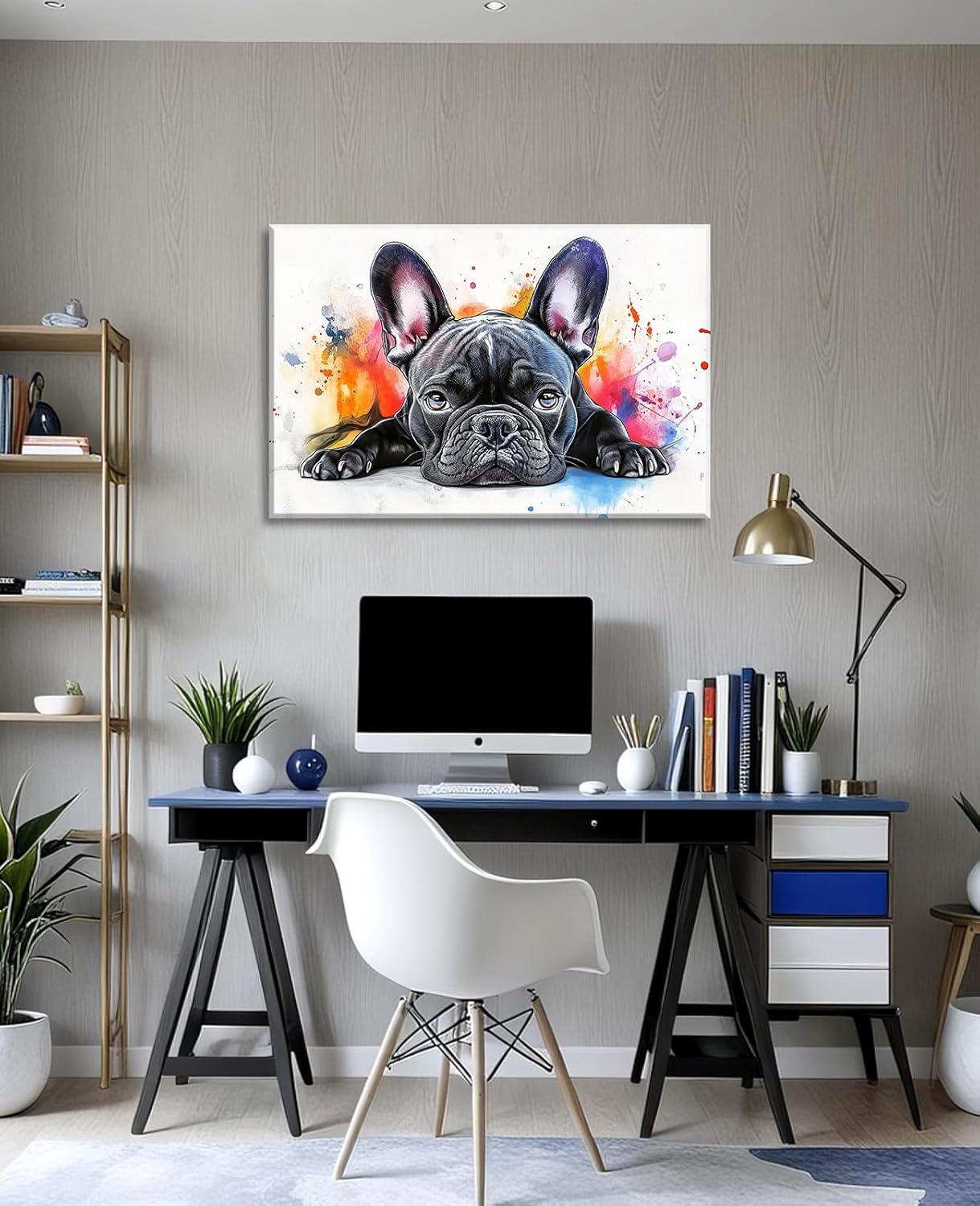 French Bulldog Canvas Art Wall Decor Framed Watercolor Bulldog Picture Pet Dog Painting Modern Graffiti Artwork for Living Room Home Office Bathroom Ready to Hang - 12.00"x18.00"