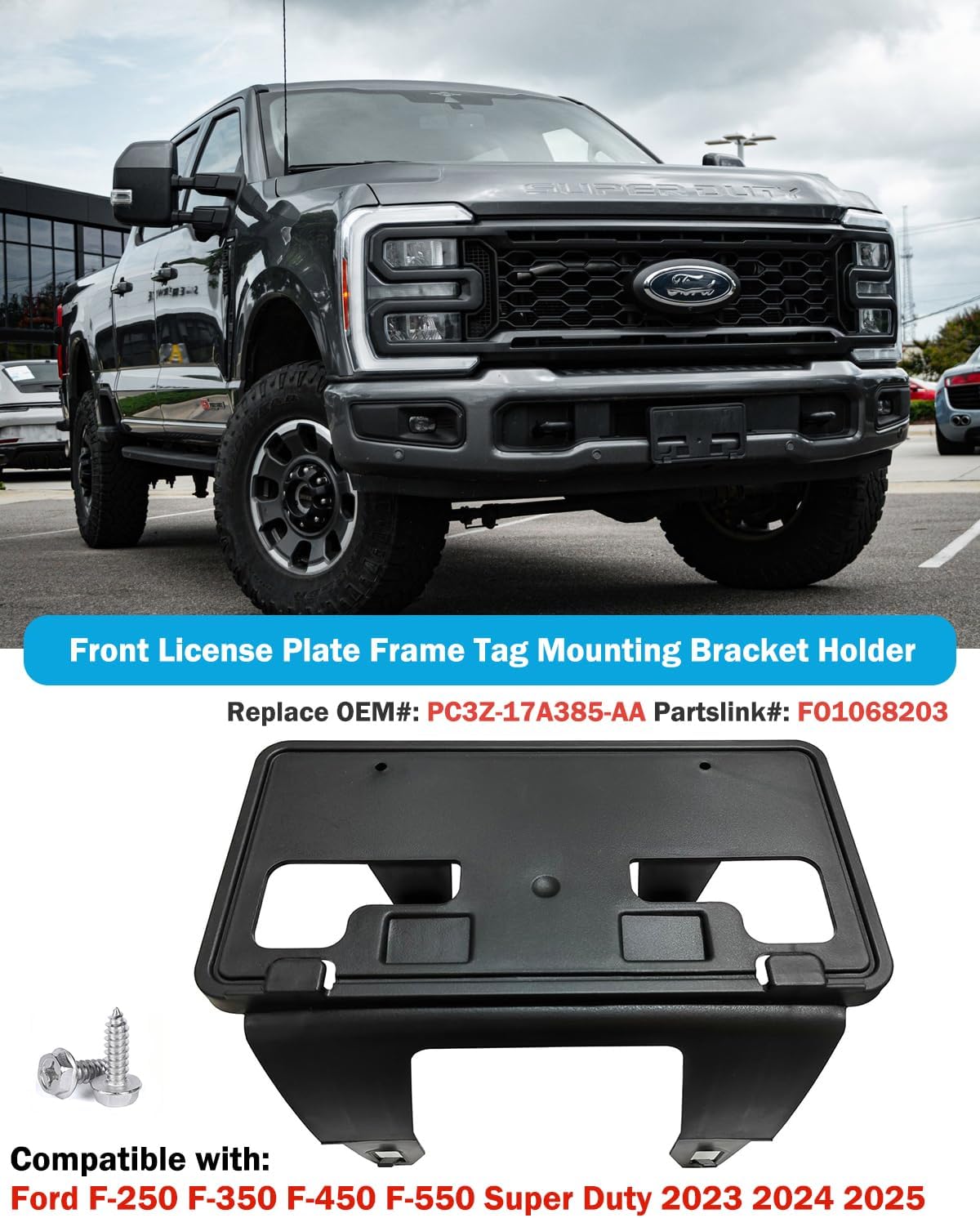 Front License Plate Frame for Ford F250 F350 F450 F550 Super Duty 2023 2024 2025 2026 NO Drill Front Bumper License Plate Holder Mounting Bracket Cover Replace # PC3Z-17A385-AA FO1068203 image 2