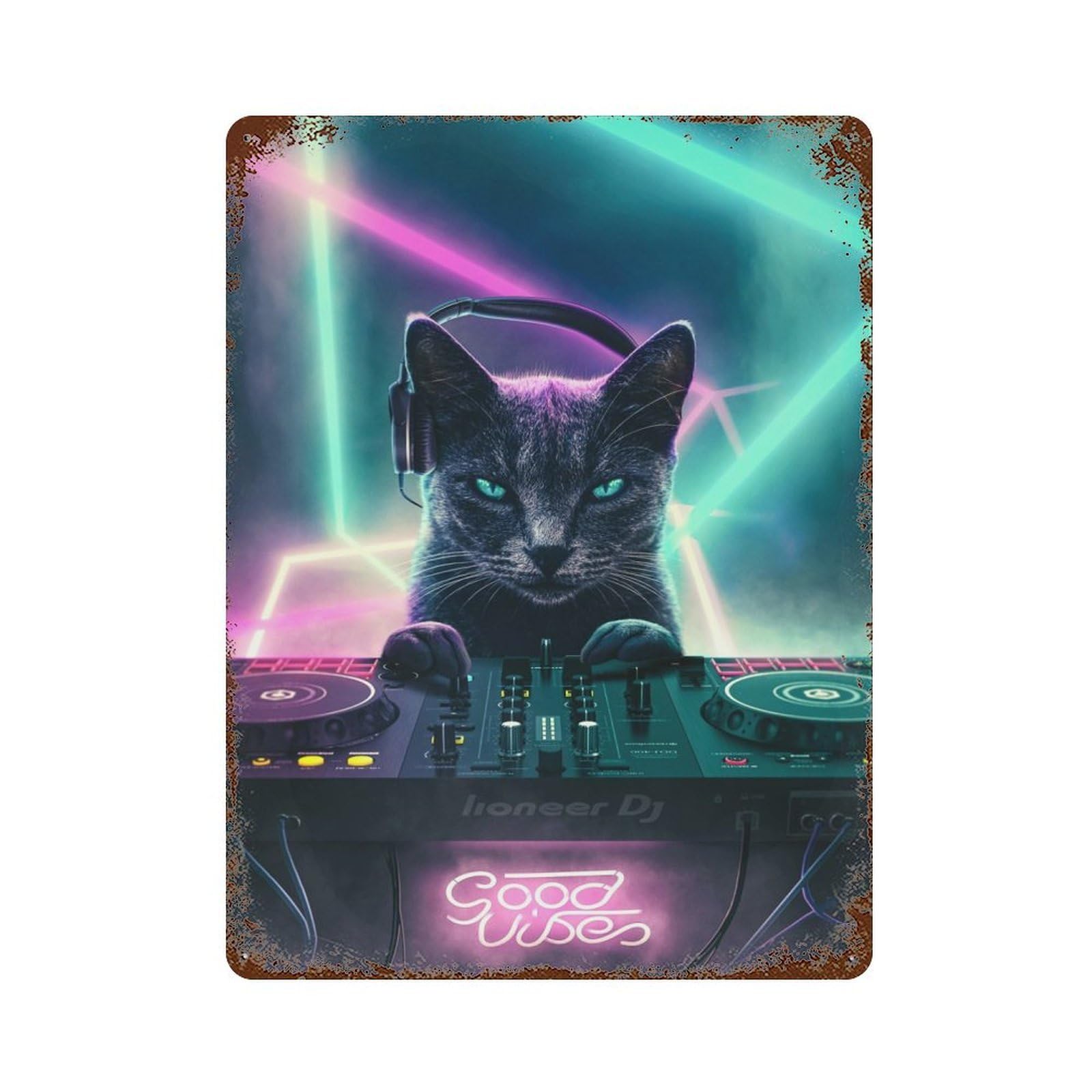 DJ Good Vibes Cat Vintage Metal Tin Sign 15.7"x11.8", Novelty Wall Decor for Garage, Pub Or Kitchen