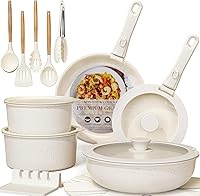 Astercook 21-Pc Ceramic Nonstick Pots & Pans Set, Removable Handles, Oven Safe, Induction Ready, Stackable, Cream White