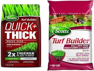 Scotts Turf Builder Quick + Thick Grass Seed (Sunny Bluegrass) 1.2kg (12665), Green & Turf Builder Fall Lawn Food - 5.2kg, White (03214A)