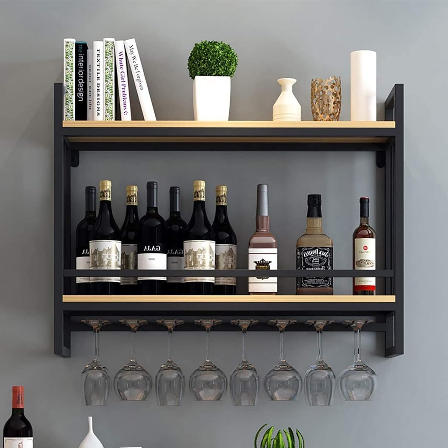Ceiling Wine Glass Rack Metal Wine Rack,Wood Shelves Wine Shelf with Glass Holder,Stemware Holder,Wine Bottle Holder,Wine Shelfing Storage Unit,for Bars Kitchens