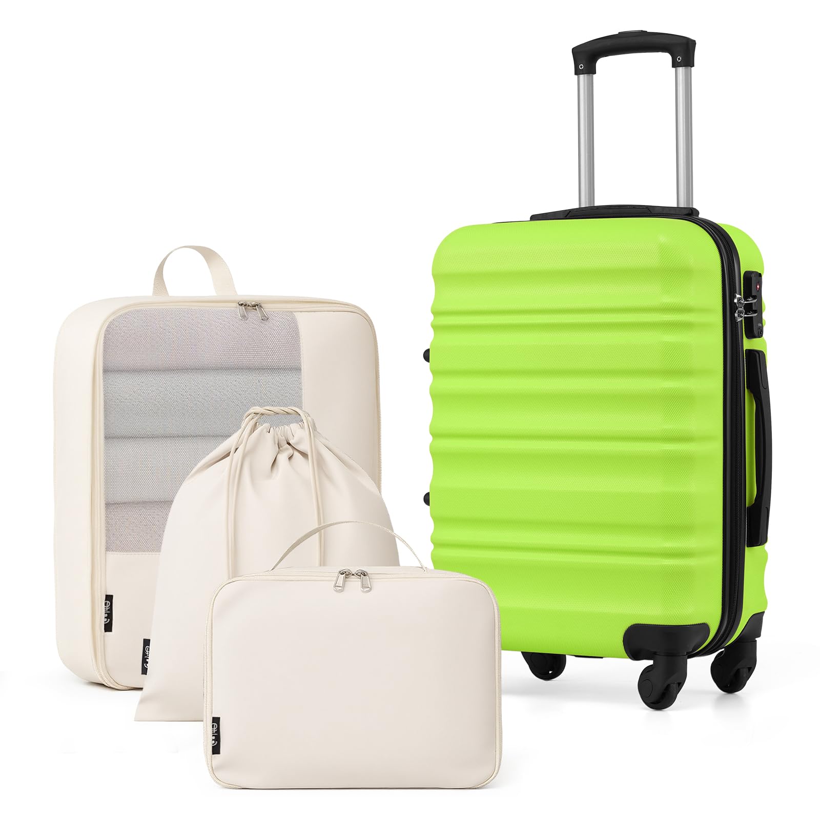 COOLIFE Handgepäck Koffer Set 20 Zoll, ABS+PC Hartschalenkoffer mit Rollen & TSA-Schloss, Enthält 1 Schuhbeutel + 1 Kulturbeutel + 1 Reise-Organizertasche (Grün, 4-TLG Handgepäck-Set)