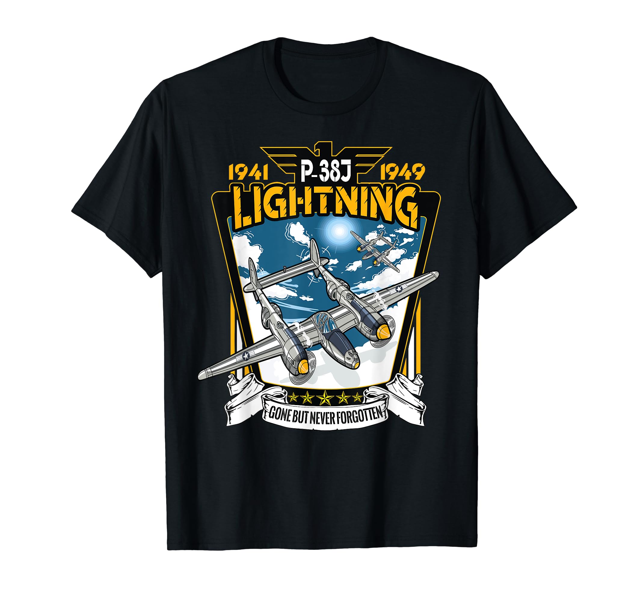 World War 2 American P-38 Lightning Fighter Airplane T-Shirt, Black
