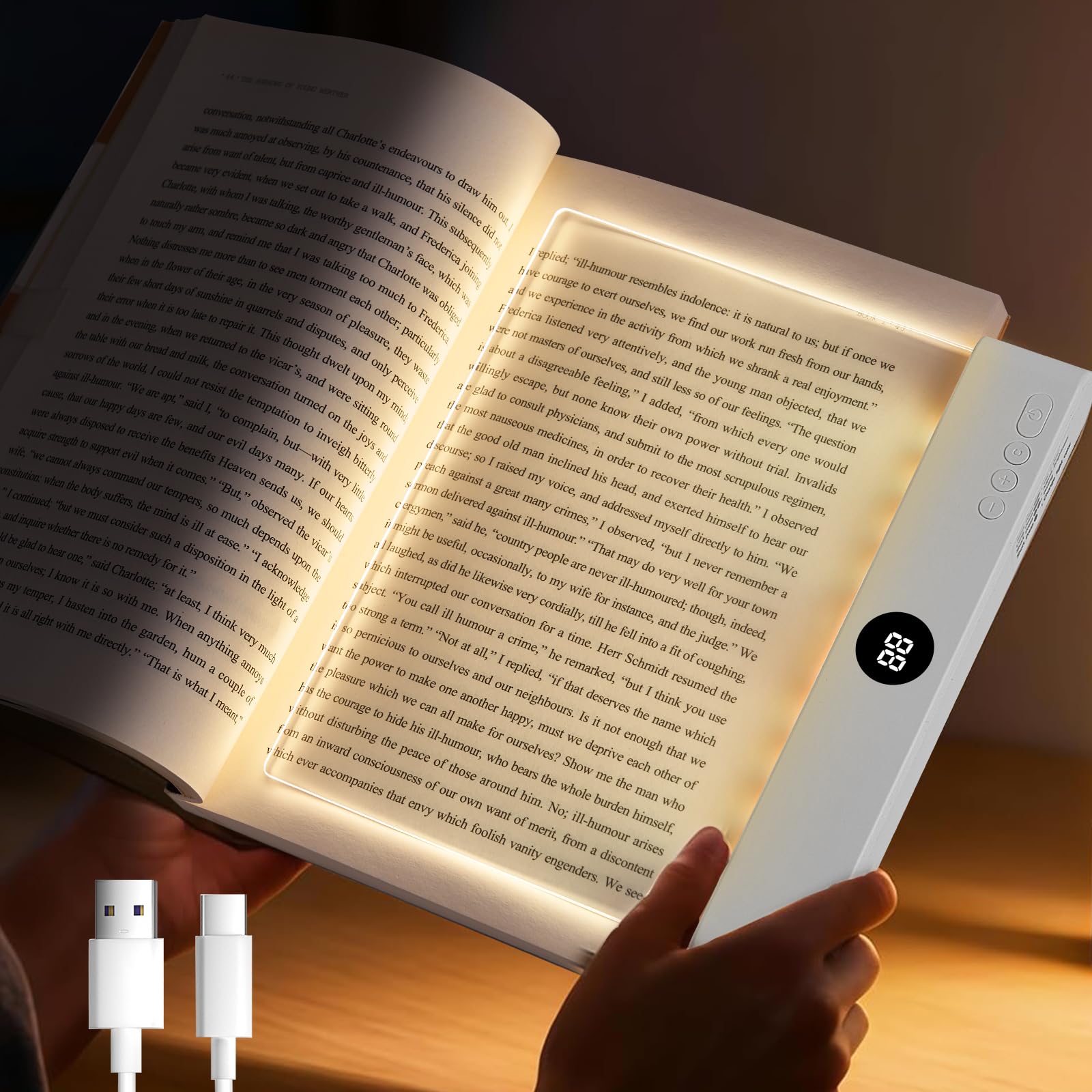 Smart Flat Book Light, Rechargeable LED Eye Protection Clear Full Page Light, LED Reading Book Night Light with 3 Colors & Timer, Reading Lights for Books in Bed, Page Lights for Bed & Car (White)