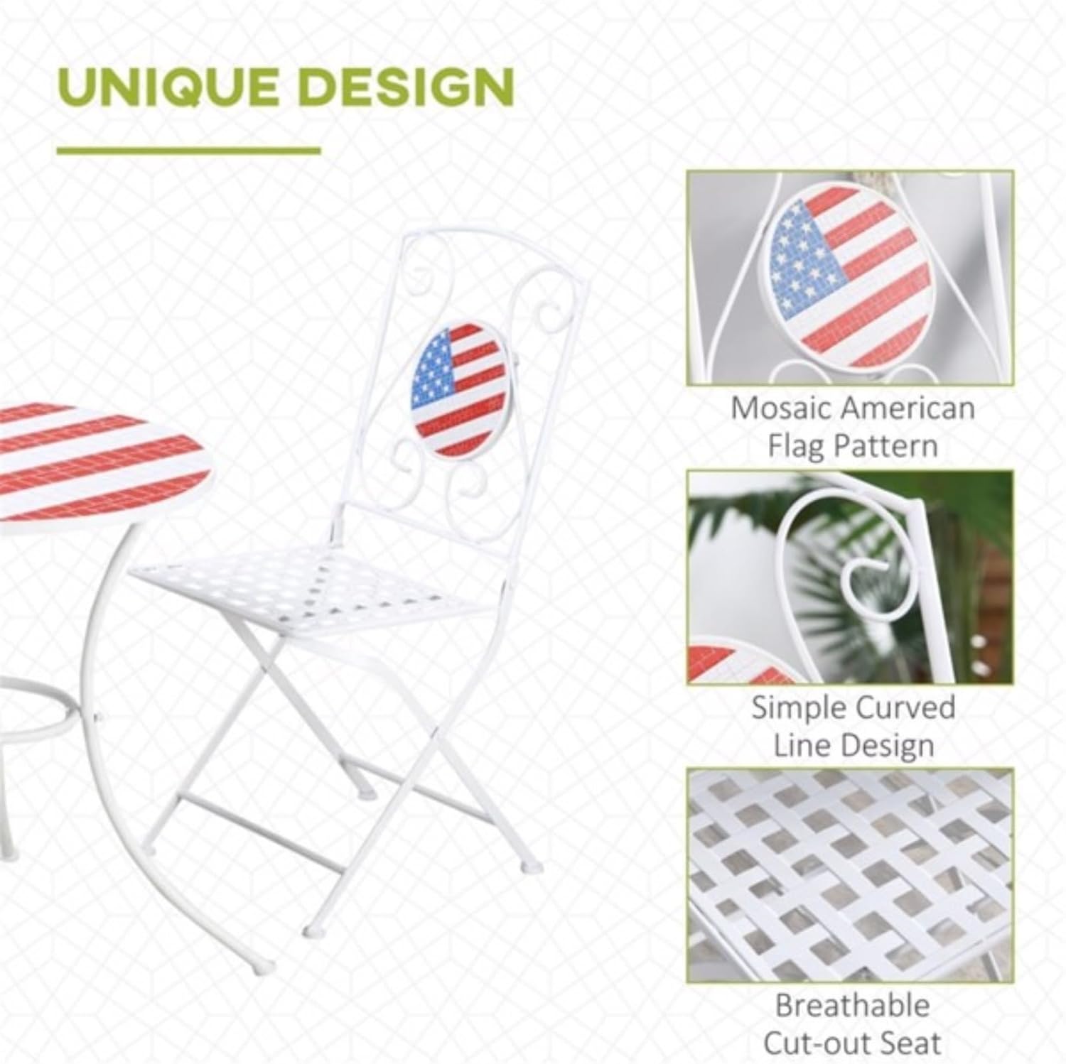 3-Piece Stylish Table and Chair Set, Patio Bistro, 1 Coffee Table, 2 Chairs, Metal Decoration, Chairs Foldable, red, White and Blue