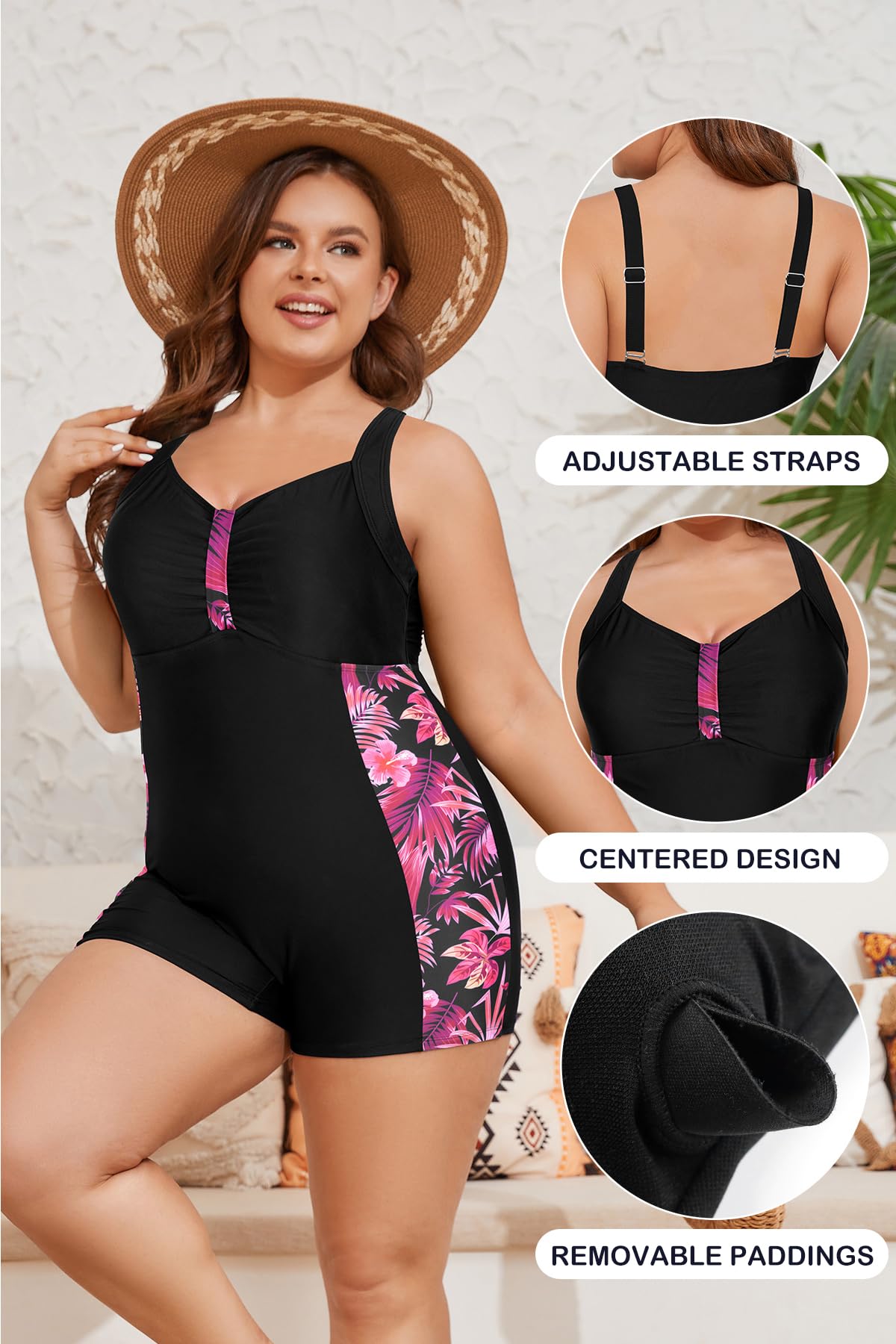 SHEKINI Rash Guard Maillot de Bain Grande Taille Gainant Boyleg Maillot de Bain Grande Taille Femme 1 Piece