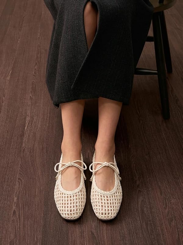 SUIARA Women's White Woven Mary Jane Flats Square Toe Mesh Raffia Ballet Flats Lace up Bow Ballerina Slip on Casual Shoes by SUIARA - Used condition - Image 2
