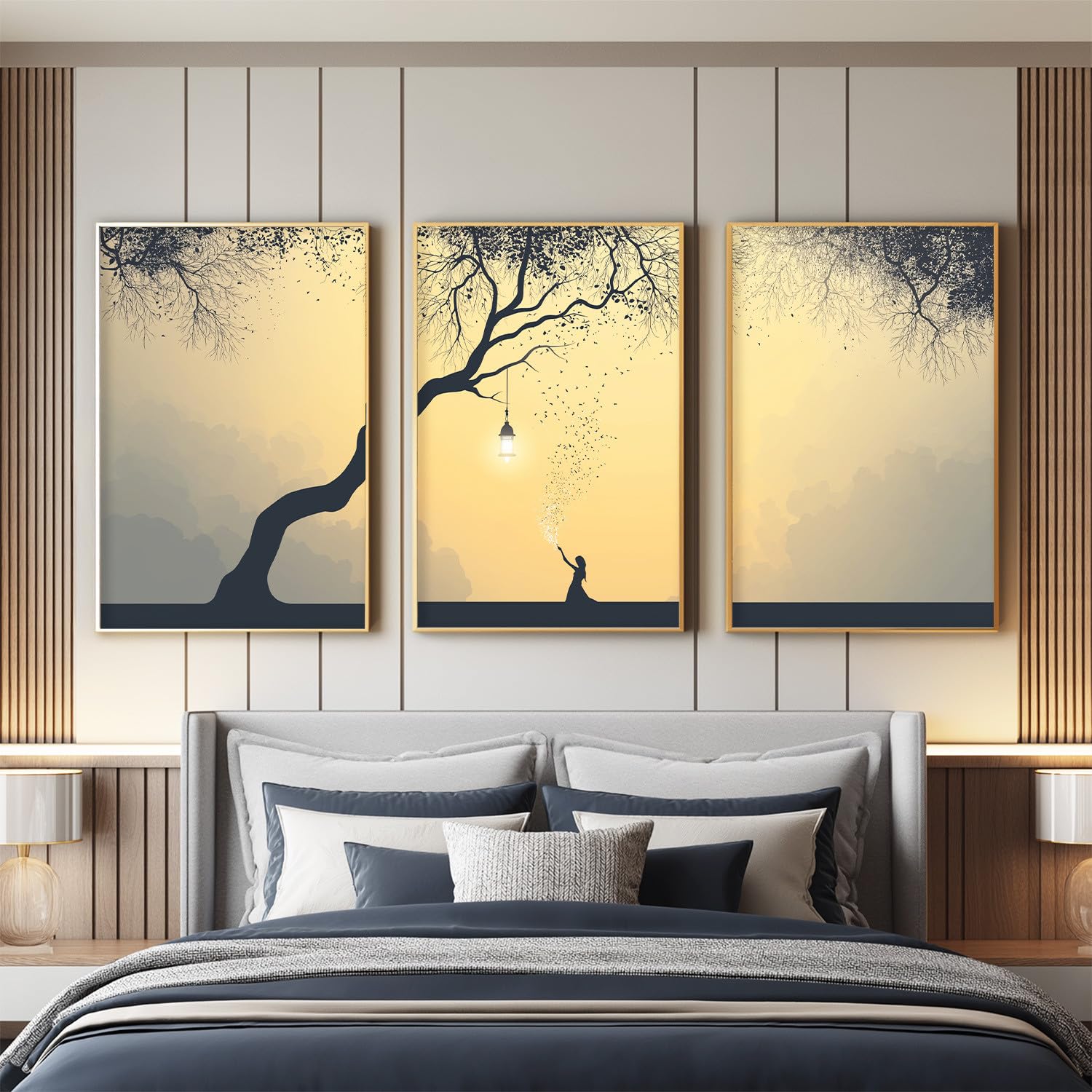 Set di 3 stampe artistiche da parete con sagoma fantasy, con albero ragazza principessa, immagini estetiche romantiche per soggiorno, giardino, corridoio, ufficio, galleria, grande stampa su tela (40