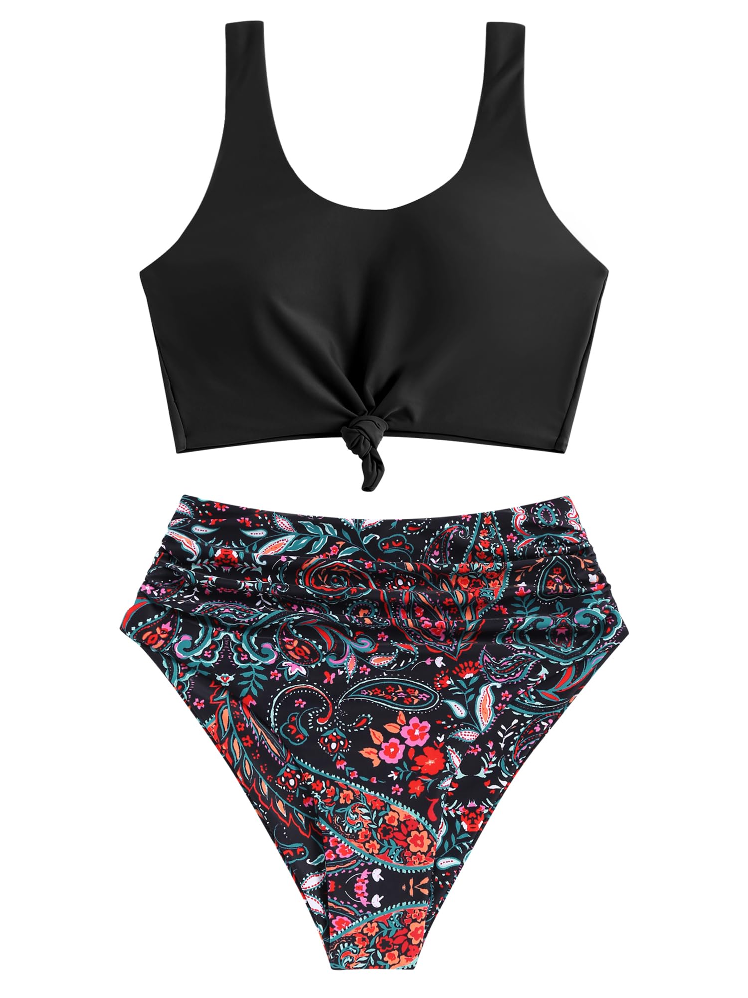 ZAFUL Women's High Waisted Tankini Scoop Neck Knotted Two Pieces Tankini Set Swimsuit