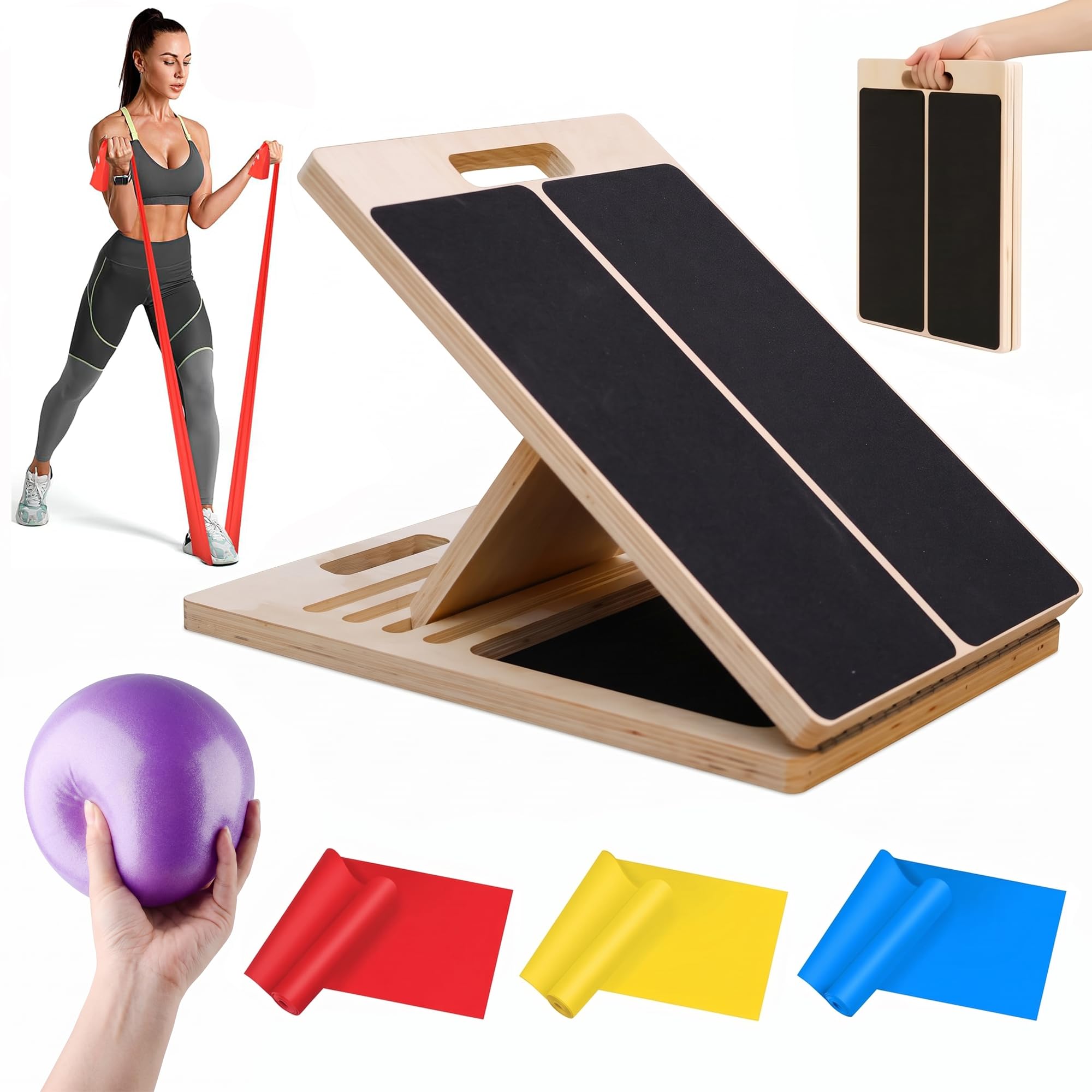 MALABI Foldable Wooden Slant Board with 3 Resistance Bands and Gym Ball - Adjustable Stretch Board for Calf Stretch, Squat Wedge, Calf Raise, Mobility and Balance Training