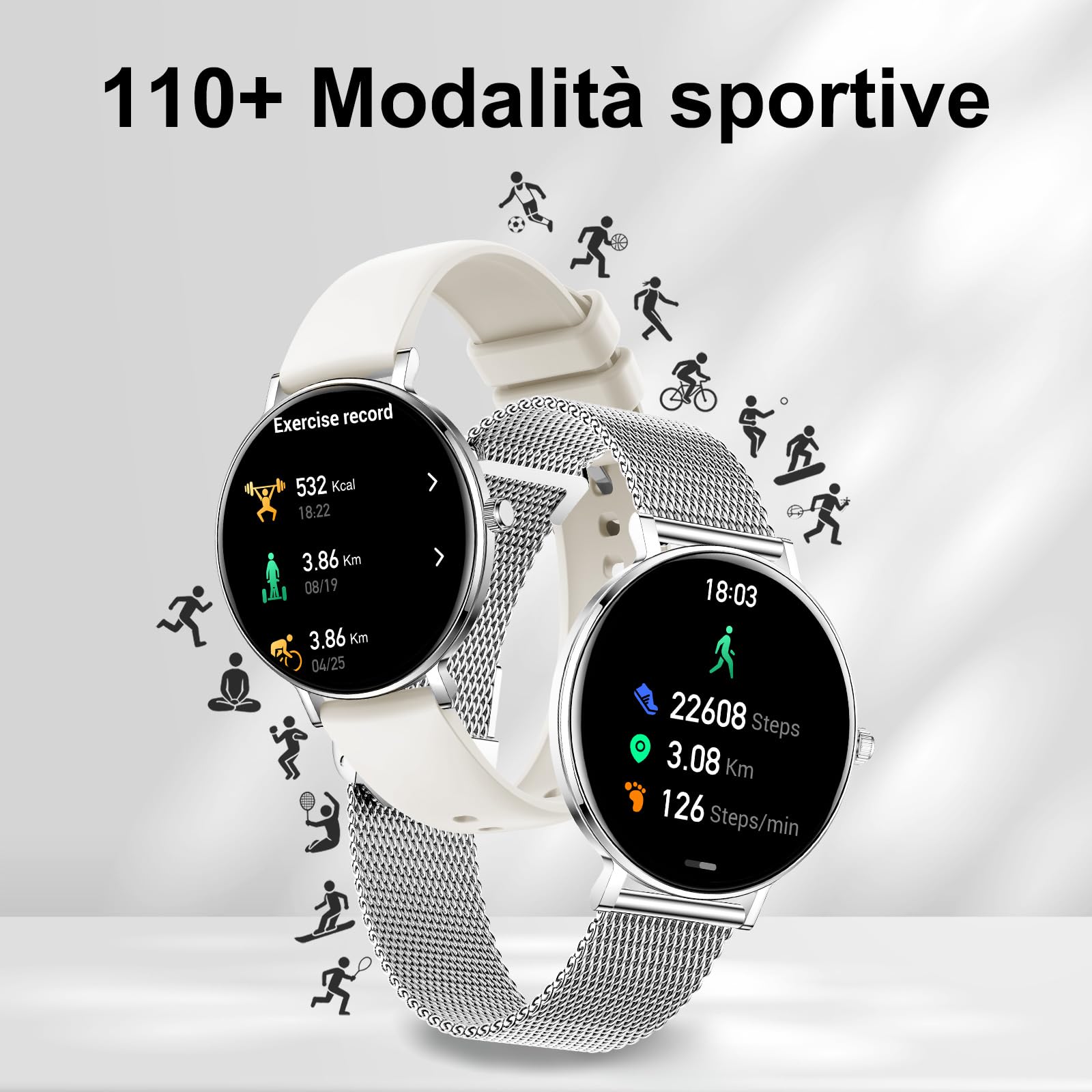 Smartwatch Donna Uomo 2026 Durata Piu Giorni 1.32Amoled Rotondo Digitale Ultrasottile Elegante Impermeabile Notifica App Esercizio Fitness Chiamata Bluetooth Compatibile Android e Ios (Argento)