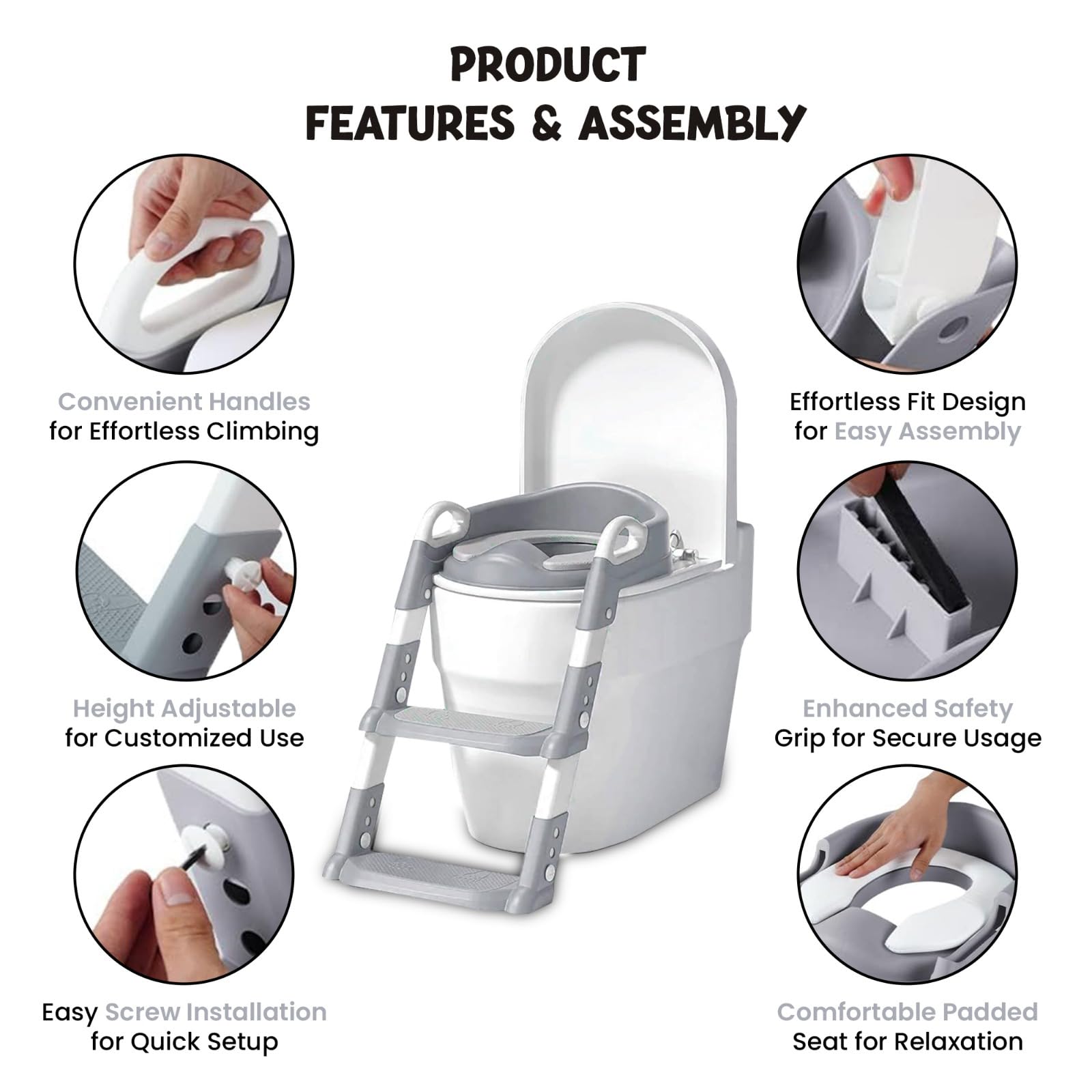 Sedile per WC per bambini e vasino per bambini | Protezione antispruzzo morbida maniglia per neonati e bambini, anello unisex con maniglie e schienale per una maggiore sicurezza (sedile WC con scala)