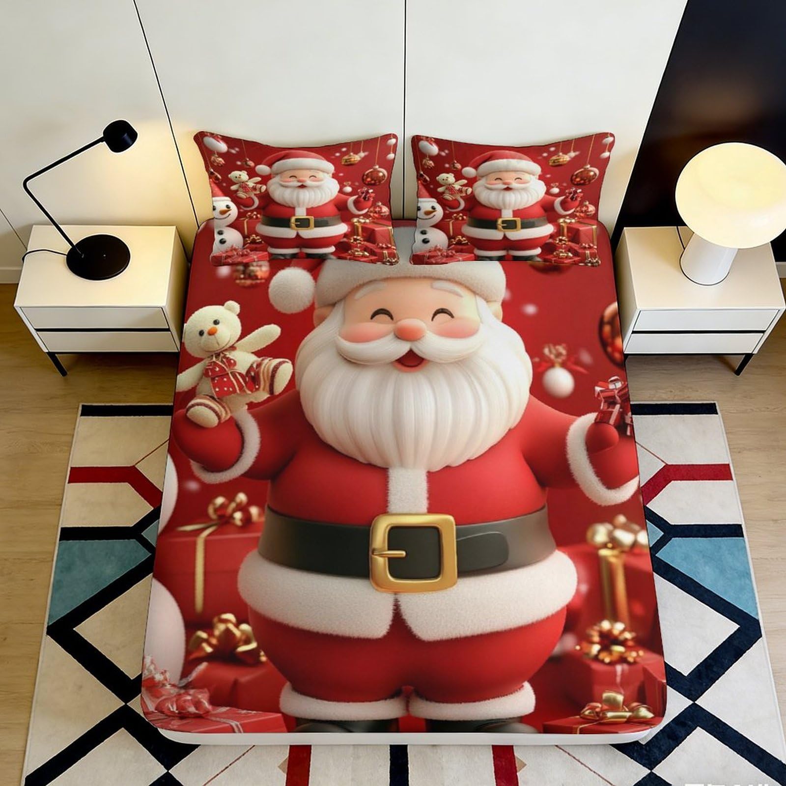 3D Printed Santa Claus Christmas Fitted Sheet Microfiber Red Festive Gift Mattress Cover for Bedroom Guest Room Dorm Decor 90x200x25cm