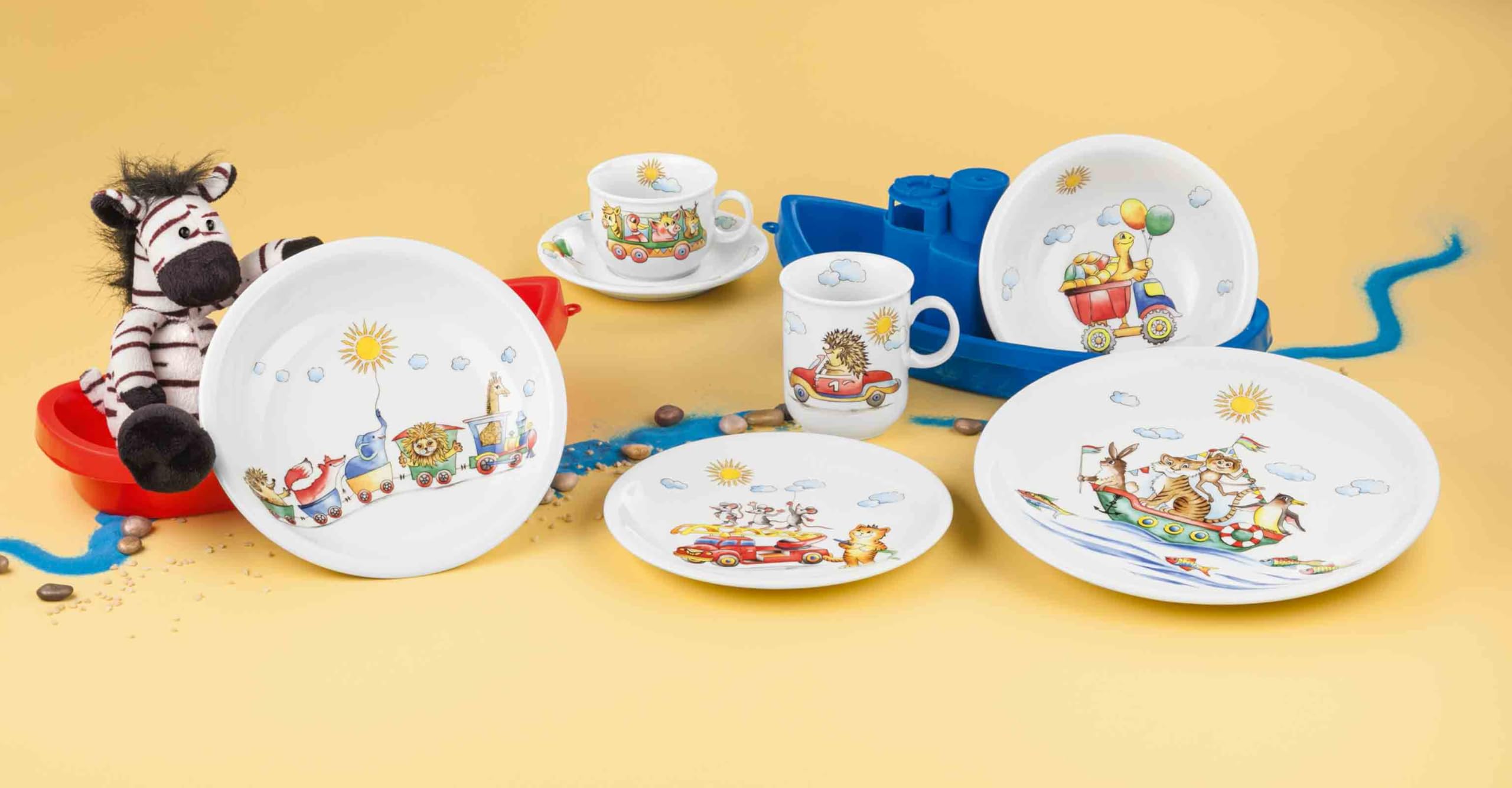 Seltmann Weiden Lot de 5 assiettes compactes pour enfants - Assiette et gobelet pour enfants avec motifs colorés - Porcelaine - Flink Flitzer