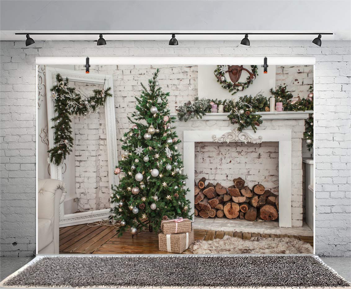3x2,5m Fondo Fotográfico Feliz Navidad Árbol de Navidad Regalos Chimenea Interior Telón de Fondo Blanco Pared de Ladrillo Decoraciones de Fiesta Decoración para Fiestas de Invierno
