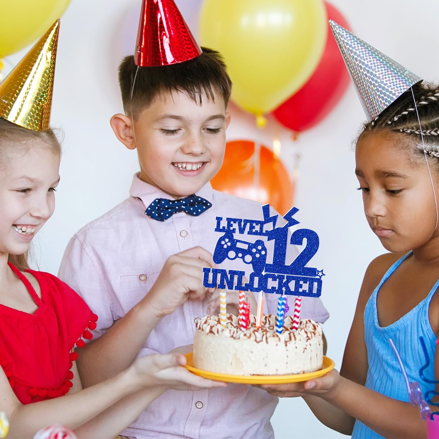 Happy 12th Birthday Cake Topper - Level 12 Unlocked Video Game Theme, Glitter Cardstock, Pre-Assembled For Party Decor - View #3