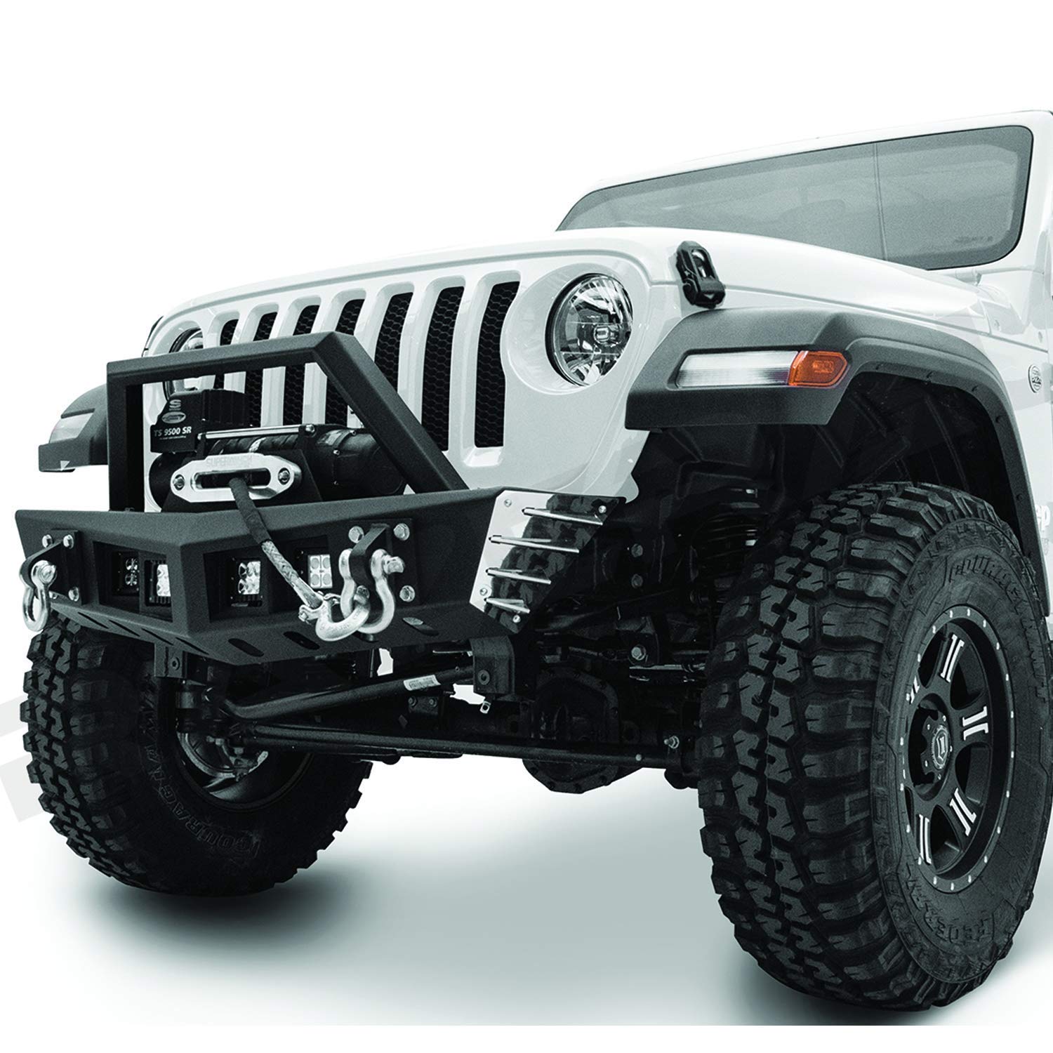 Razer Auto Black Stubby Rock Crawler Front Bumper w/Winch Plate & 2x D-Ring & 4x LED Light Mount Hole for 18-19 Jeep Wrangler JL