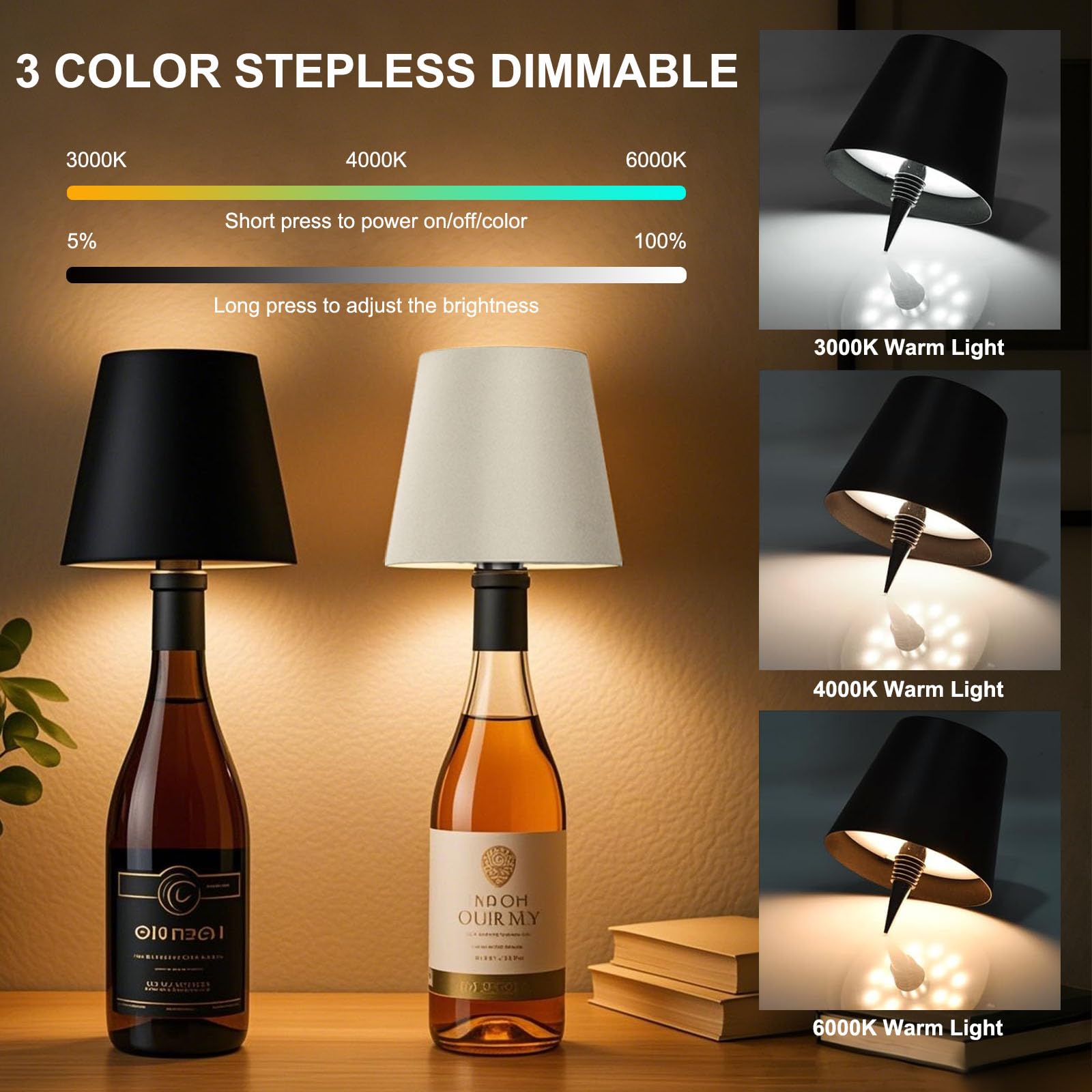 Wireless Bottle Lamp, 3 Color Stepless Dimming Wine Bottle Lamp, LED Rechargeable Touch Control Wireless Bottle Lampshade for Bedroom, Restaurant, Bar (Black, 2-Pack) - Image 3