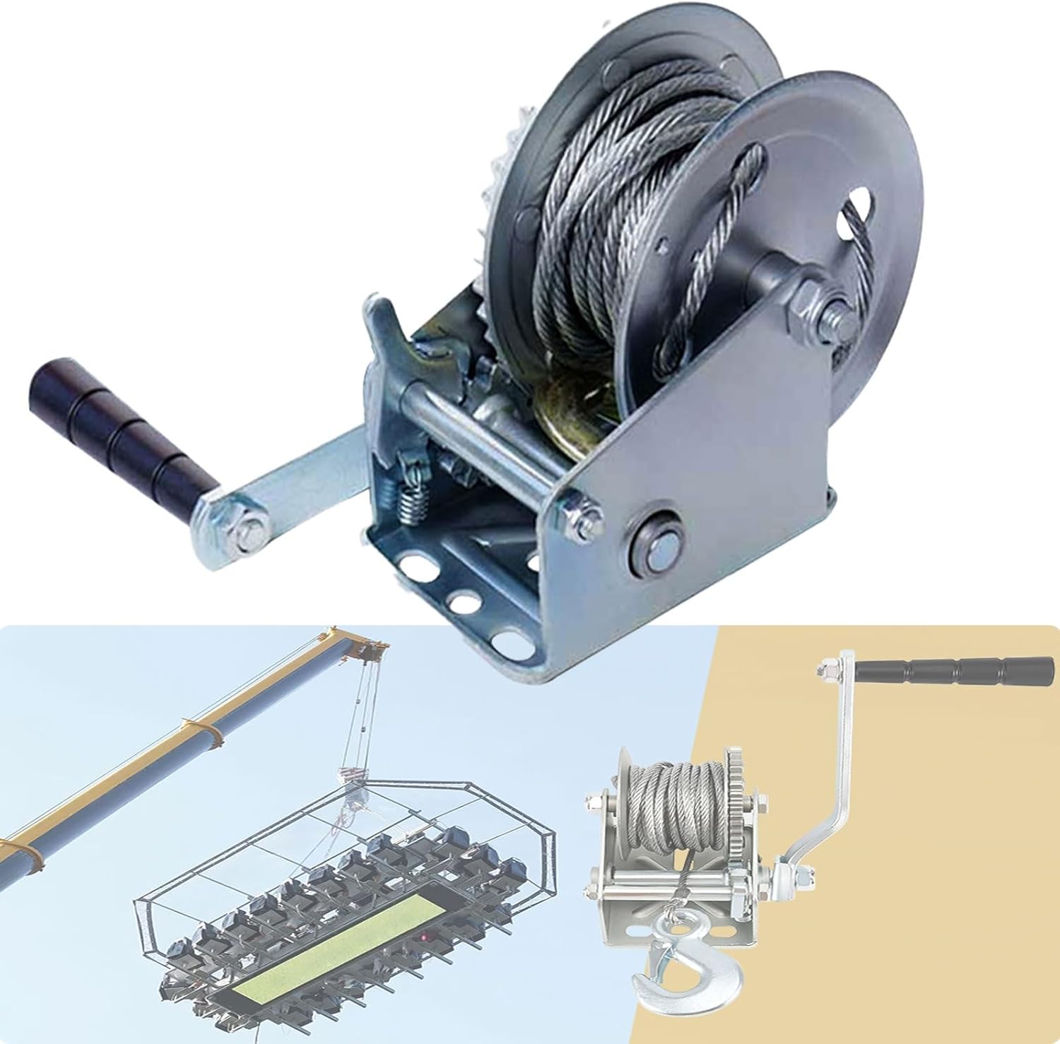 1200/1600/2500/3000 LBS Cable Hand Winch Boat Winch Trailer Two-Way Ratchet Gear Manual Winch Hand Crank With Cable & Pulley Crane Weight Moving For ATV Truck Towing ( Color : Silver , Size : 2500LBS