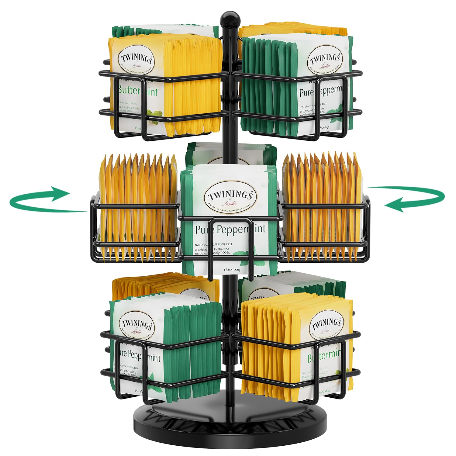 EsLuker.ly Tea Bag Holder Organizer for Counter 3 Tier Metal Teabag Storage Rack, Spinning Carousel Packet Display Stand, Tea Organizer Station with Easy Access for Kitchen Office, Black