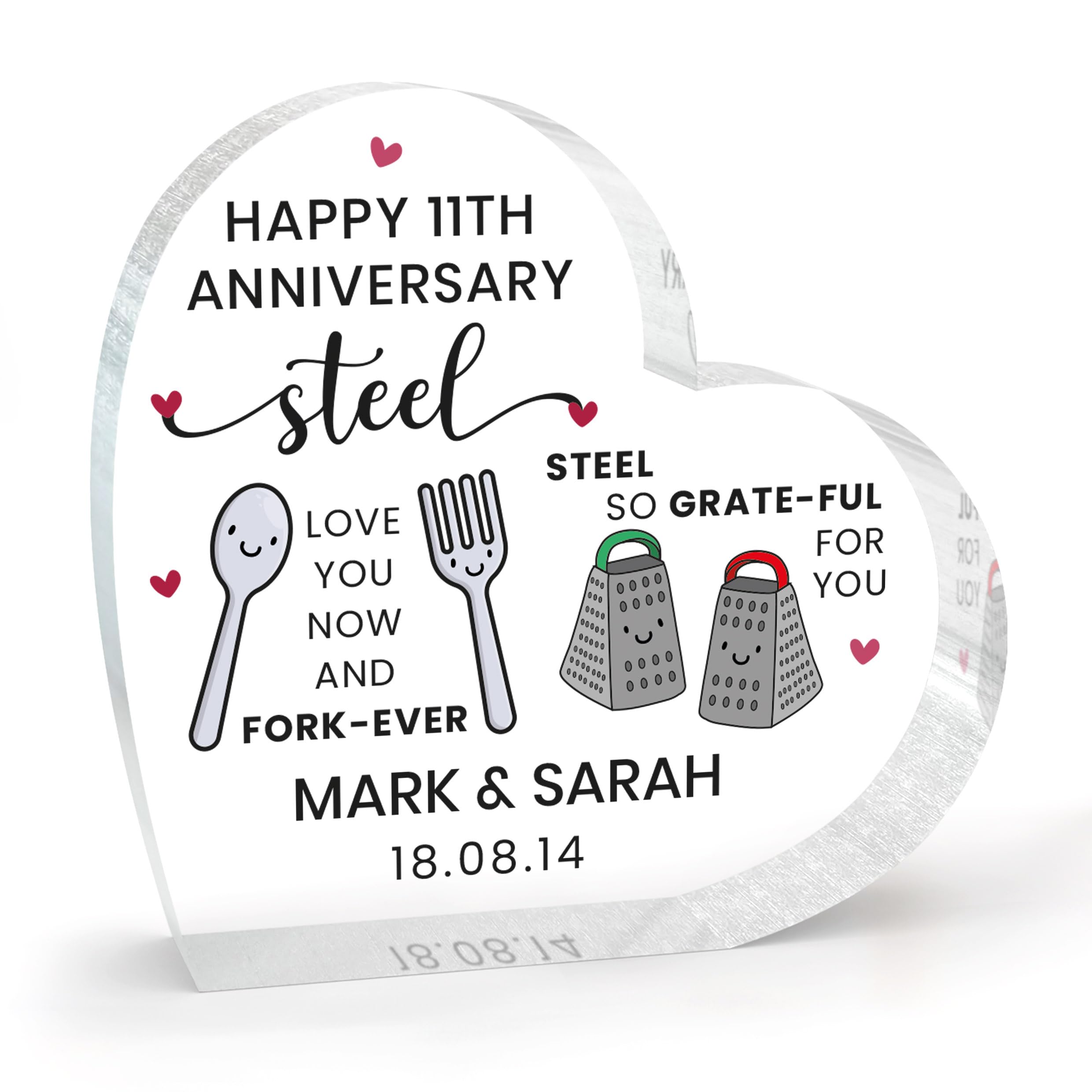 Beecreative Personalised 11th Anniversary Gifts For Husband Wife - Acrylic Heart Keepsake - Steel Wedding Anniversary Present - With Grey Bag