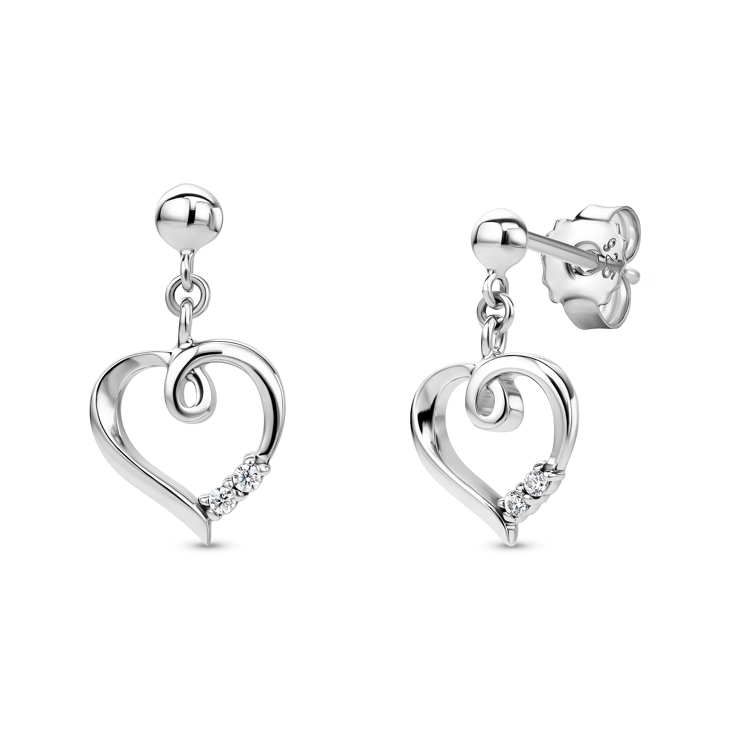 Orovi Schmuck Damen Herz–Ohrhänger mit Herzen besetzt mit weißen Zirkonia in Brillantschliff Zeitlose klassische silberne Ohrringe aus 925 Sterling Silber