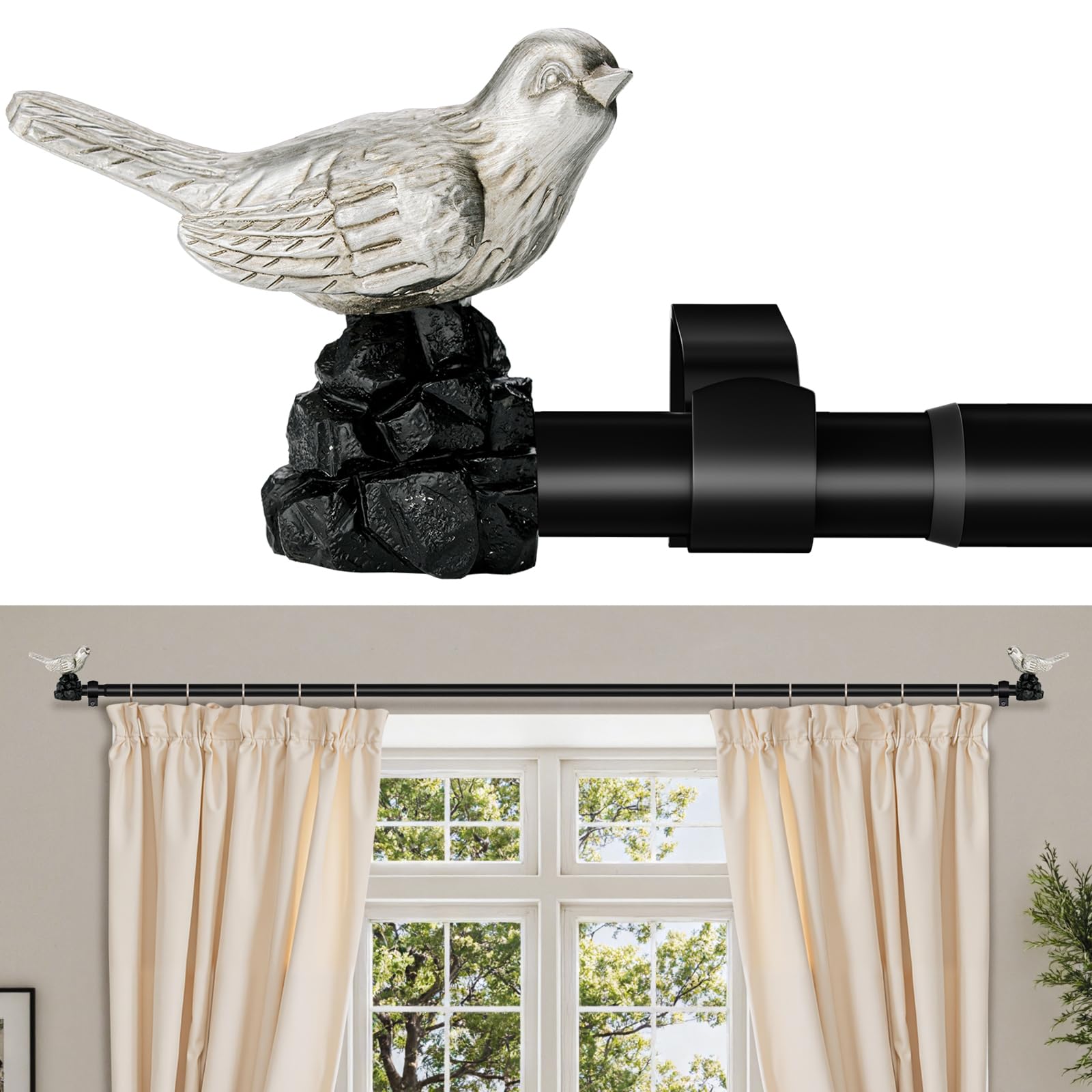 Vintage Pewter Curtain Rod 36 to 144 Inches Curtain Rods for Windows Adjustable Heavy Duty Drapery Rod with Bird Finials for Living Room Bedroom