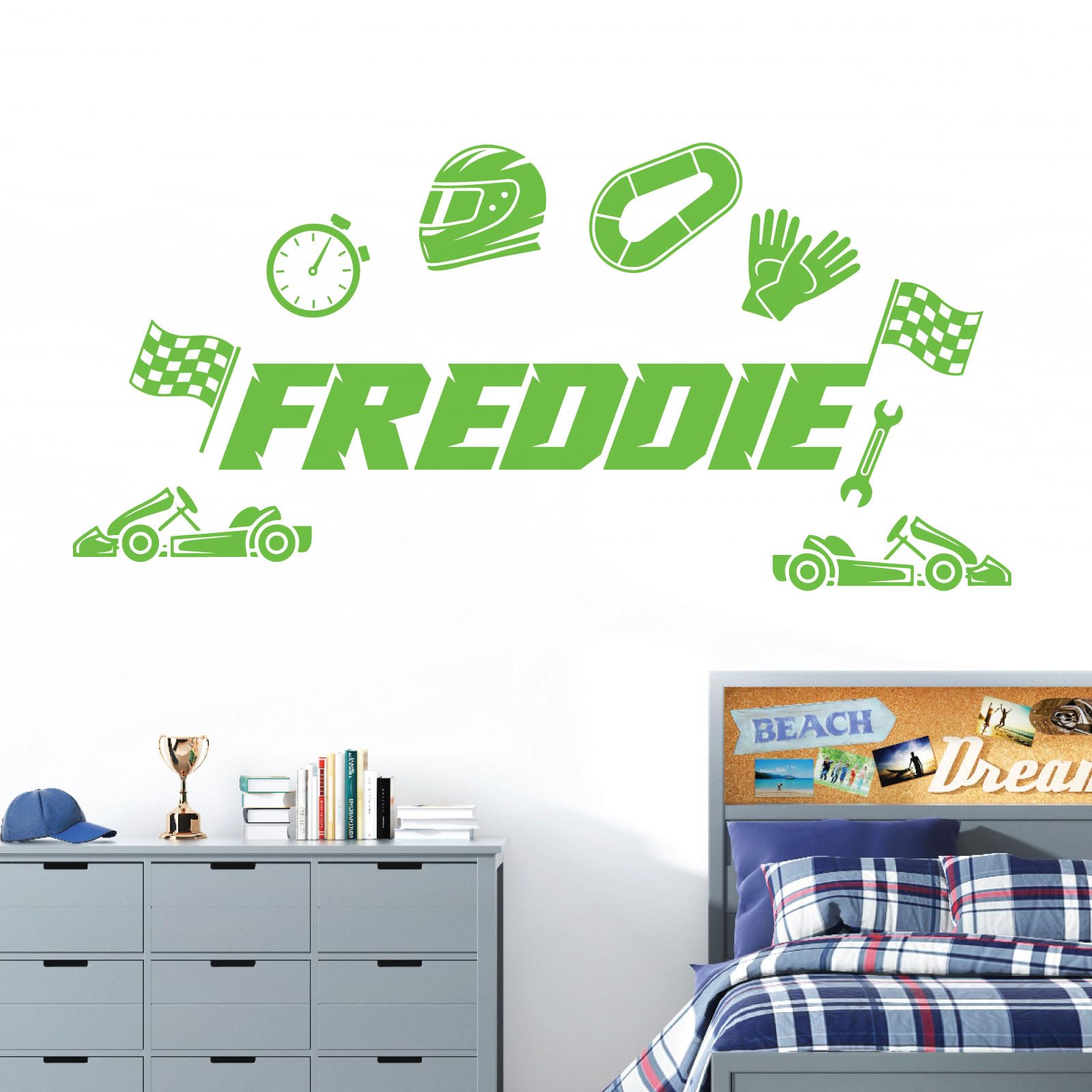 Personalised Name Children Wall Art Sticker - Car Racing, Racer, Formula 1 [Medium] [Lime]