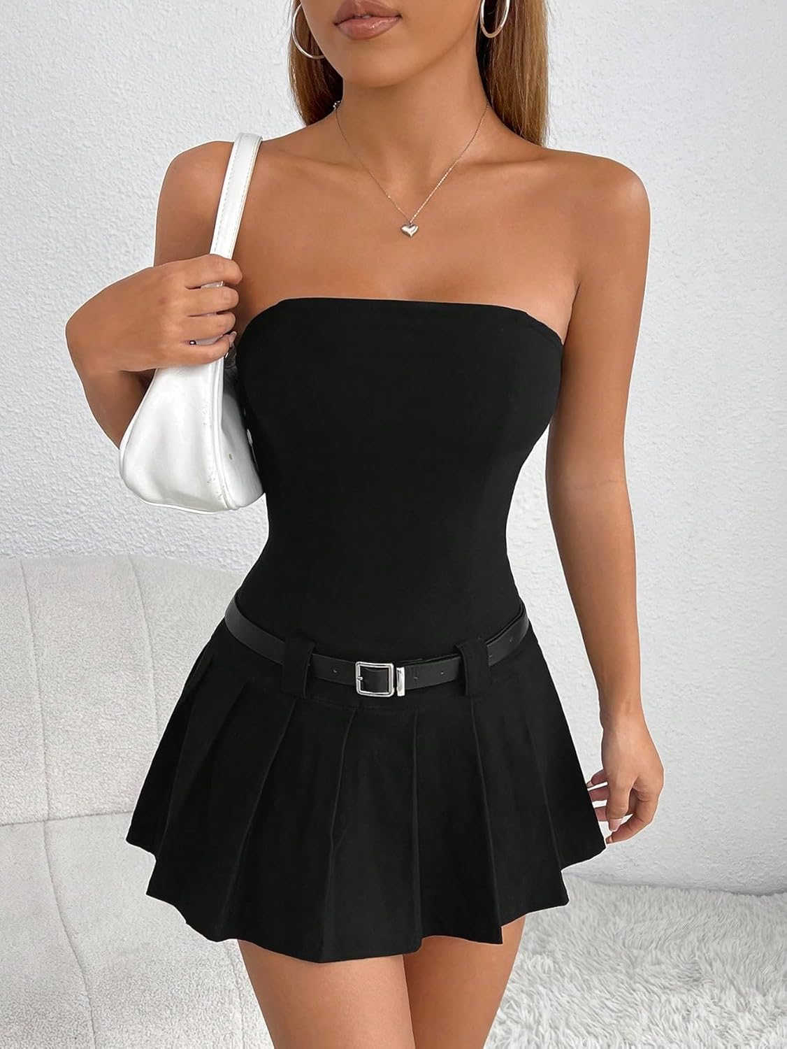 WDIRARA Women's Petite Strapless Belted Tube Dress Sleeveless Pleated A Line Mini Dresses - Image 3