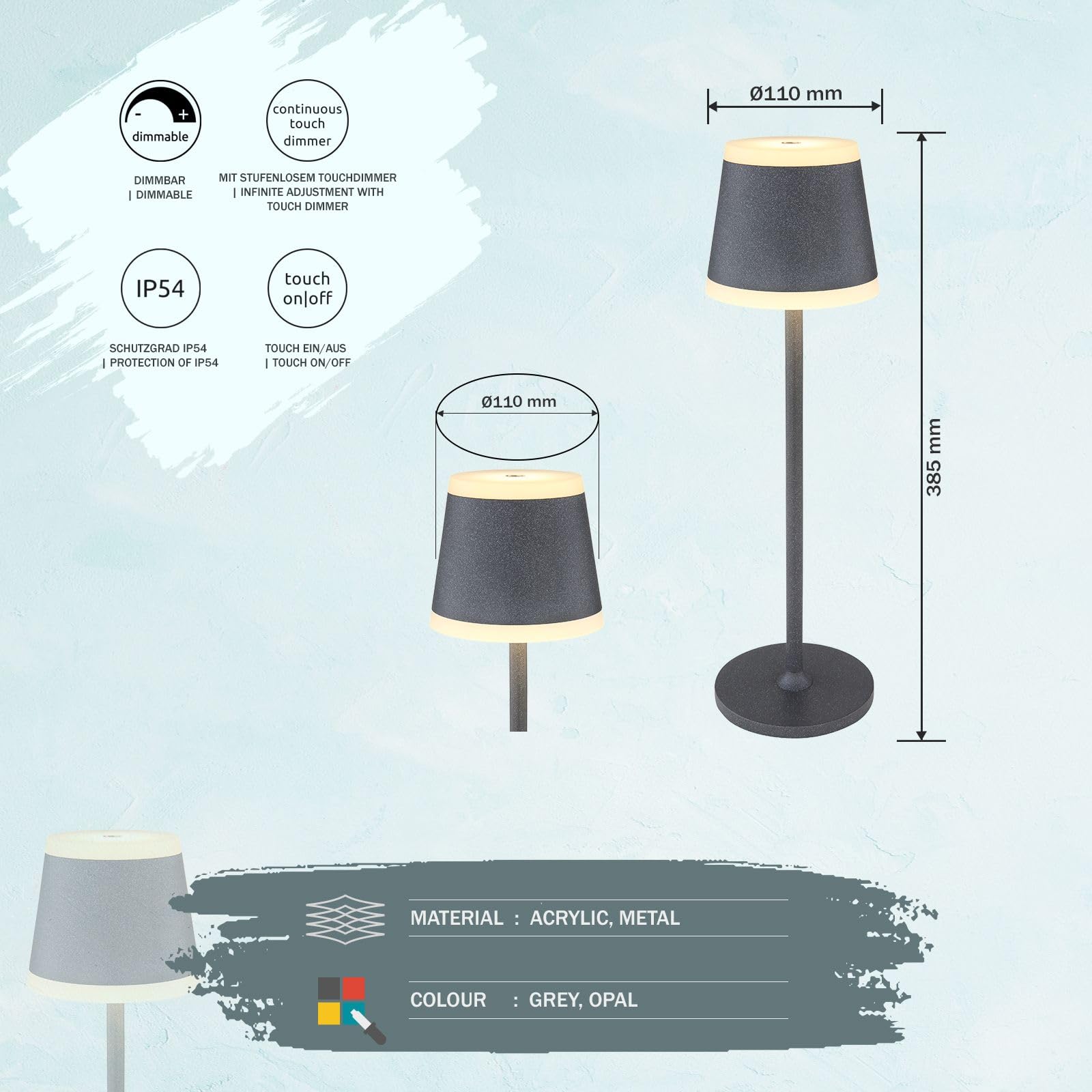 LED Tischlampe Akku Tischleuchte Tischlampe kabellos mit Touchdimmer, IP54 Wetterfest dimmbar, Metall grau opal, 1x LED 4W 220Lm 3000K, DxH 11x38,5cm
