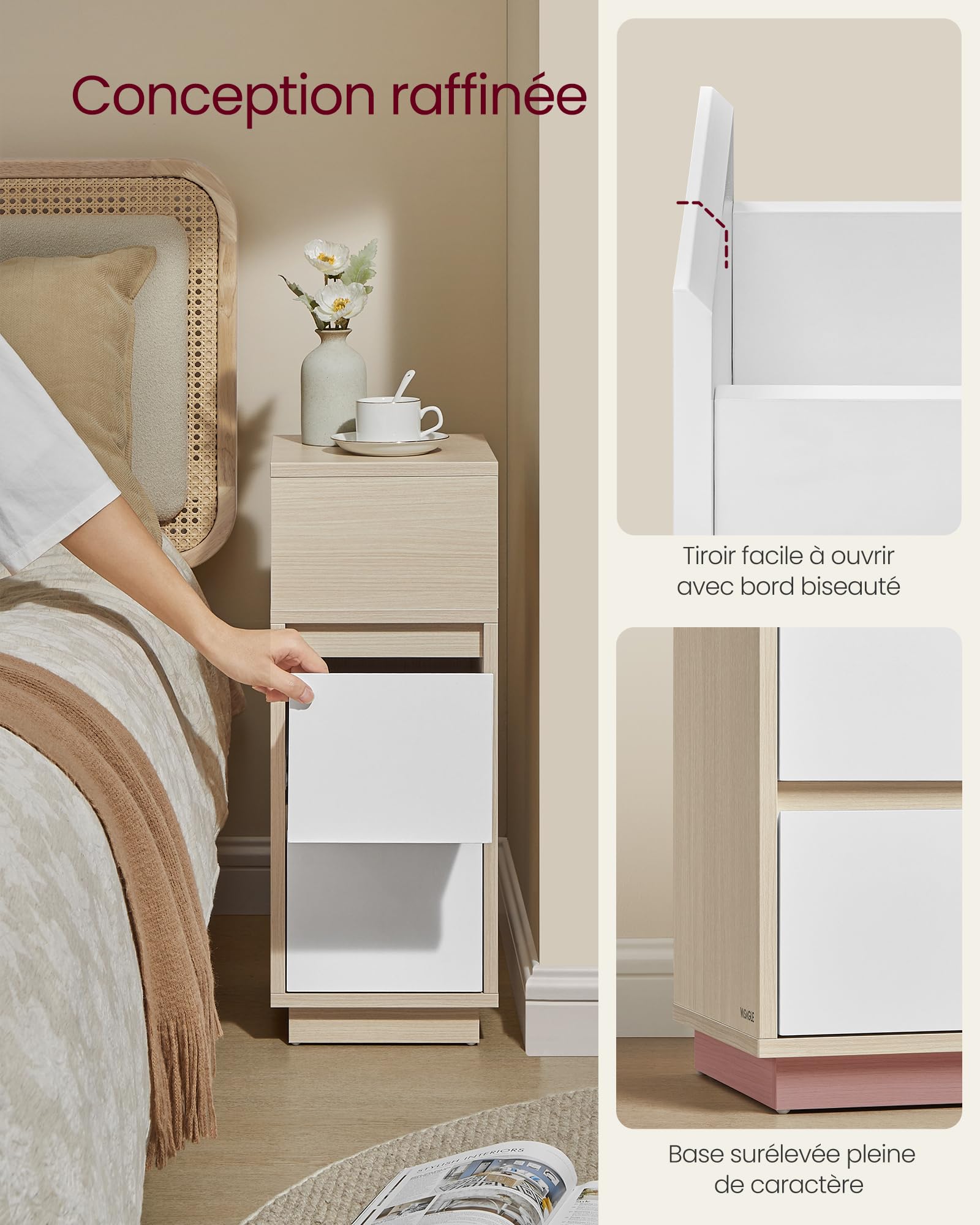VASAGLE KAILYN Collection - Table de Chevet Étroite, Lot de 2, Table d’Appoint, 2 Tiroirs, Compartiment Ouvert, Montage à Gauche ou à Droite, Chambre, Moderne, Beige Naturel et Blanc Nuage LET856N01V1