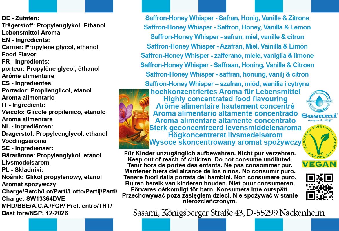 Saffron-Honey Whisper – szafran, miód, wanilia i cytryna aromat koncentrat – Wegański – Sasami – 100ml