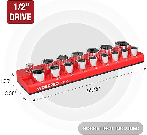 Miniatura 3 de WORKPRO Organizador magnético de enchufes SAE de 12 pulgada, capacidad para 16 enchufes de tamaño estándar y profundo
