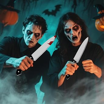 Fake Knife Props Halloween - 2 Pack Silver Classic Toy Knife for Horror Movie Cosplay, Party