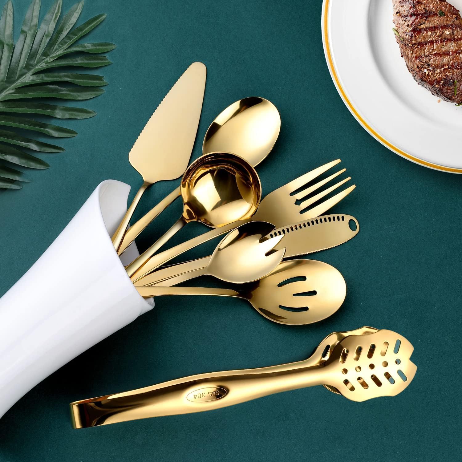 OGORI Juego de cubiertos dorados de 8 piezas, cubiertos de acero inoxidable, incluye cuchara de servir, cuchara de sopa, servidor de pasteles, tenedor, tenedor de ensalada, cuchillo de mantequilla
