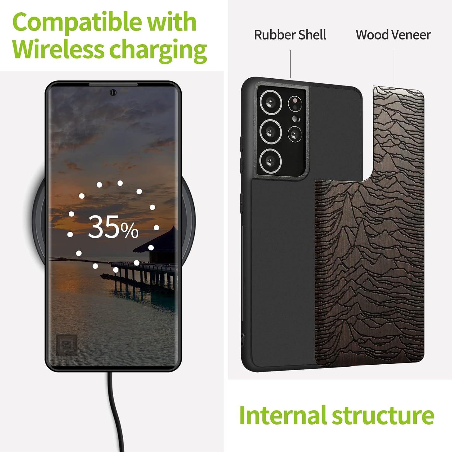 Carveit Wood Case for Galaxy S21 Ultra Case [Natural Wood & Black Soft TPU] Shockproof Hybrid Protective Unique Wooden Cover Compatible with Samsung S21 Ultra 5G (Unknown Pleasures-Blackwood)