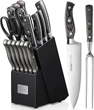 D.Perlla Knife Set, 16-Piece Kitchen Knife Set with Wooden Block, High Carbon Stainless Steel Knife Block Set with Carving Fork, Full Tang Design Triple Rivet Handle, Cutlery Knife Set (Black)