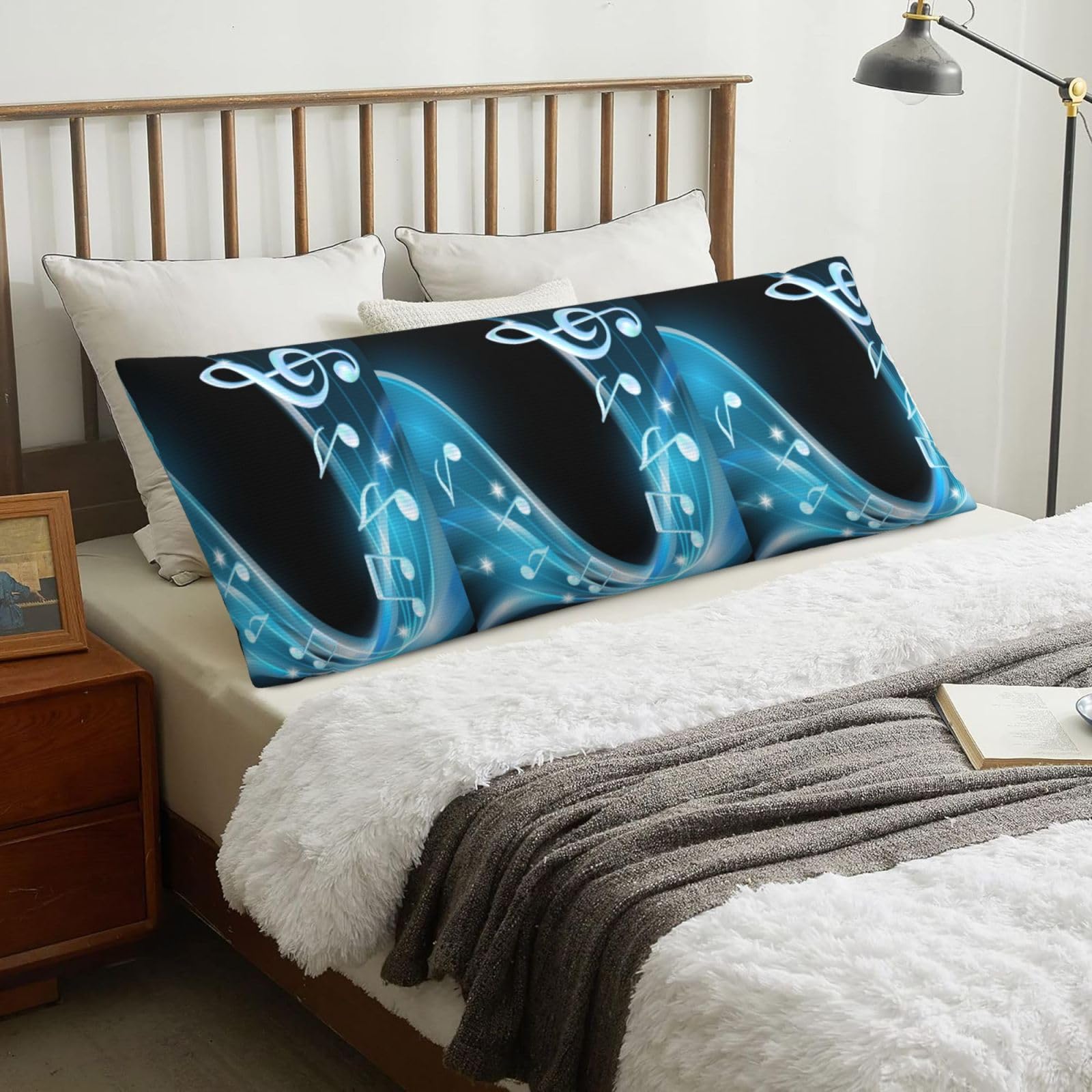 Abstract Blue Free Neon Light Music Notes, Body Pillow Cover with Zipper,Long Body Pillowcase 20 x 60 in