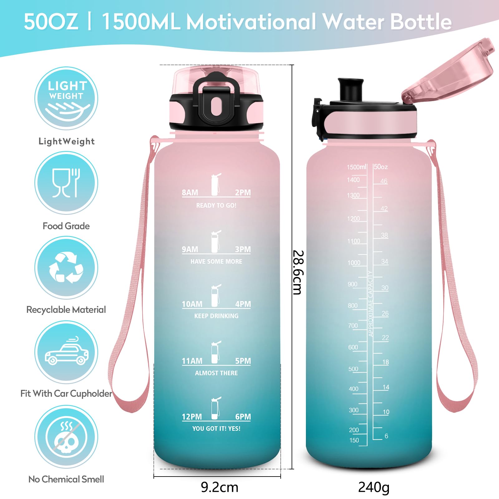 JAPORIA Borraccia 1.5 Litro, Borraccia Palestra Senza Perdite,con Filtro, con Indicatore del Tempo Motivazionale,Riutilizzabile, per Sport, Fitness, Ciclismo