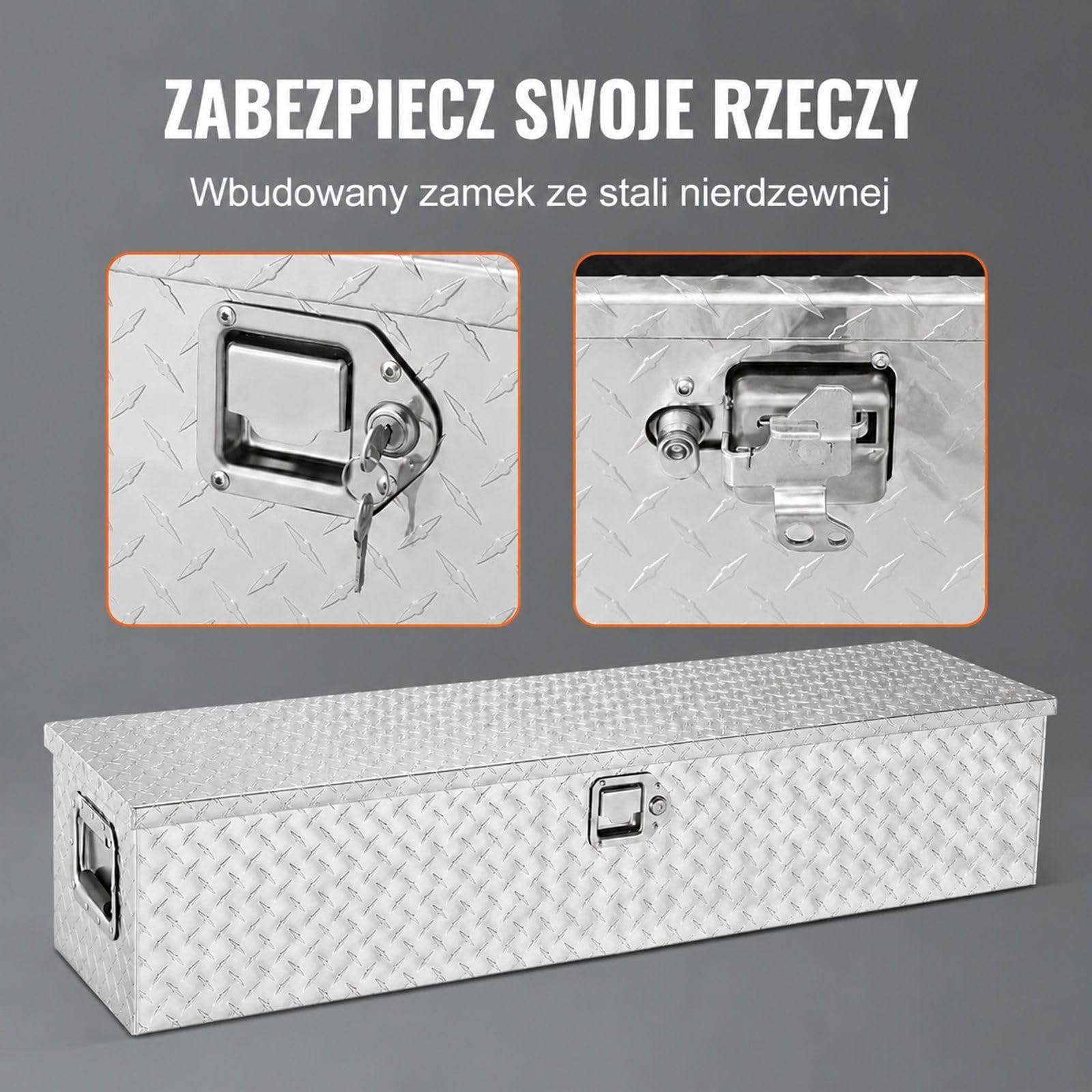 Aluminiowa skrzynka narzędziowa do samochodu, srebrna ryflowana obudowa z uchwytem bocznym i kluczami do paki pick-upa