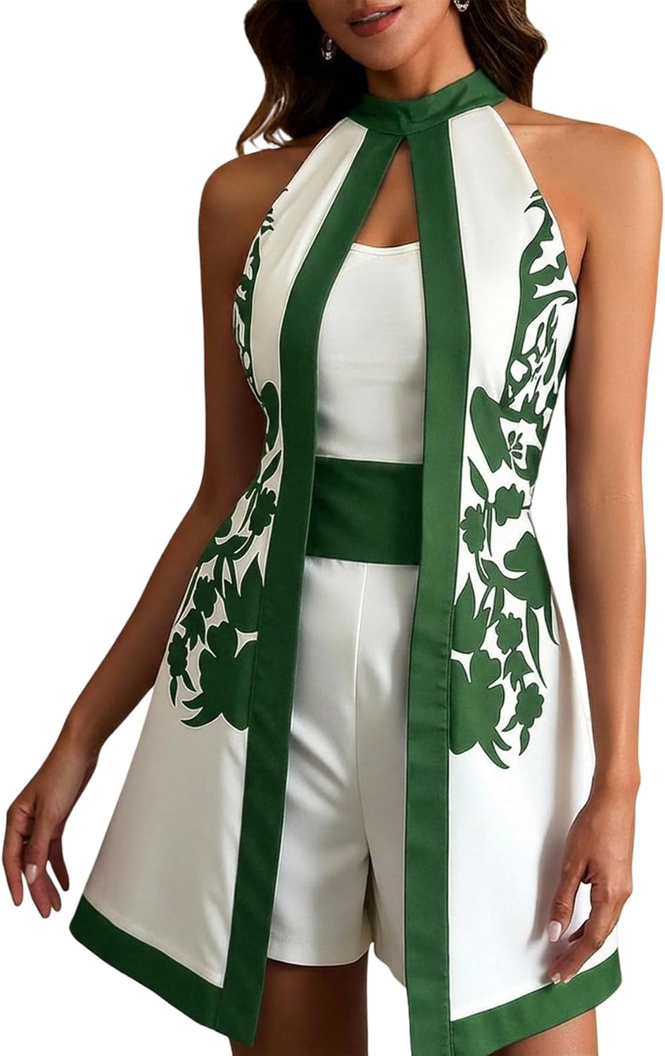 Women's Retro Print Halter Romper | Elegant Split Front, Sleeveless, Evening Party, Short Jumpsuits