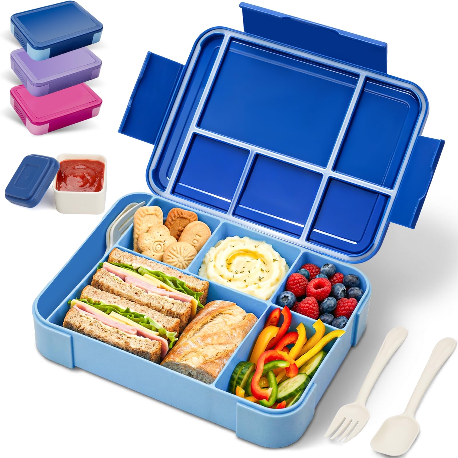 BIBURY Lunch Box Kids Adults, Leakproof Bento Box Lunchbox with 5 Compartments & Sauce Pot & Cutlery, BPA Free, Microwave Dishwasher Safe Snack Box Sandwich Box for School Boys Girls, (Royal Blue)