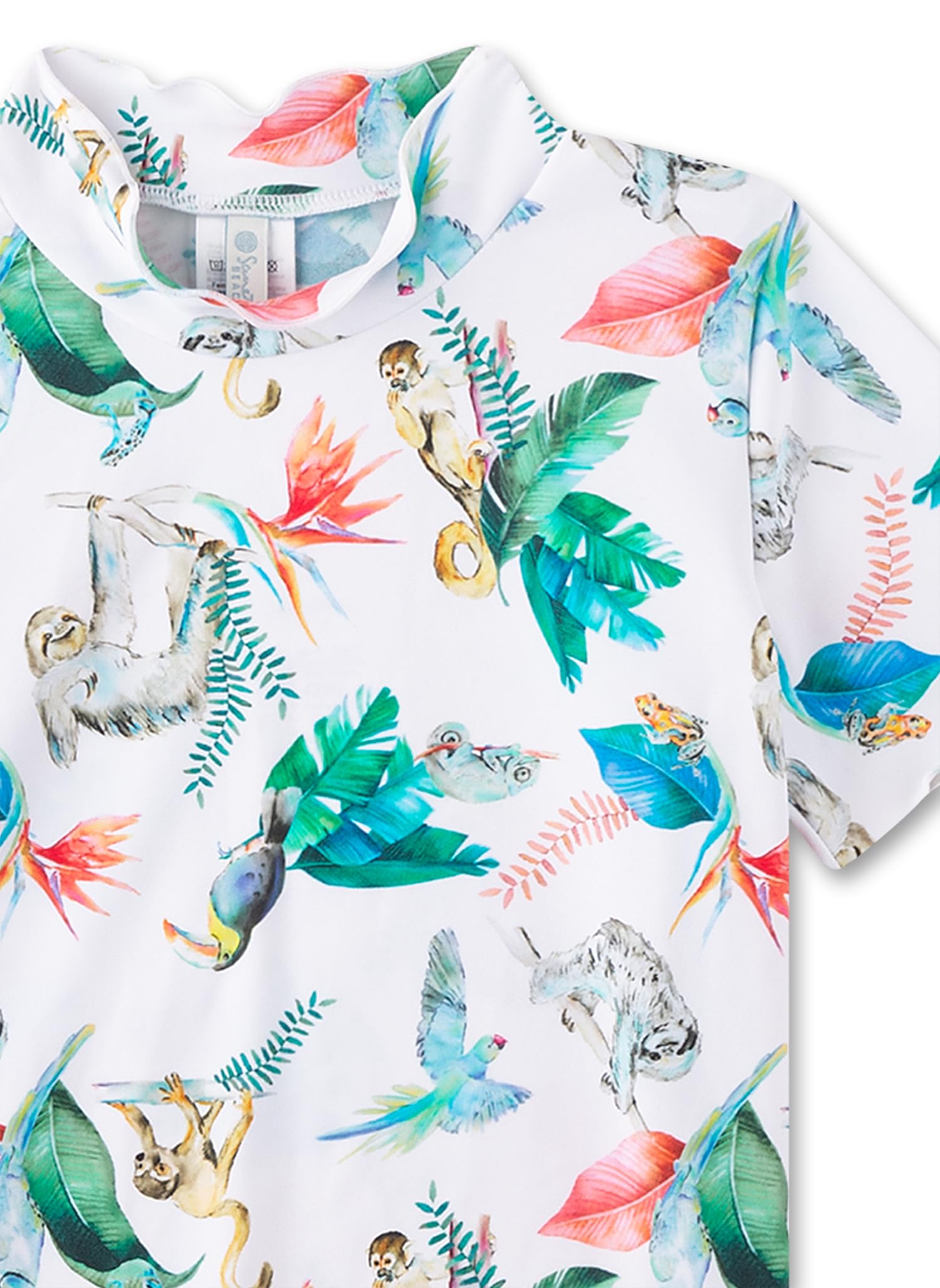 Sanetta Kinder UV Shirt Kurzarm Off-White Dschungel | Praktisches und schützendes Badeshirt aus Polyamid-Mix für Mädchen. Bademode für Kinder