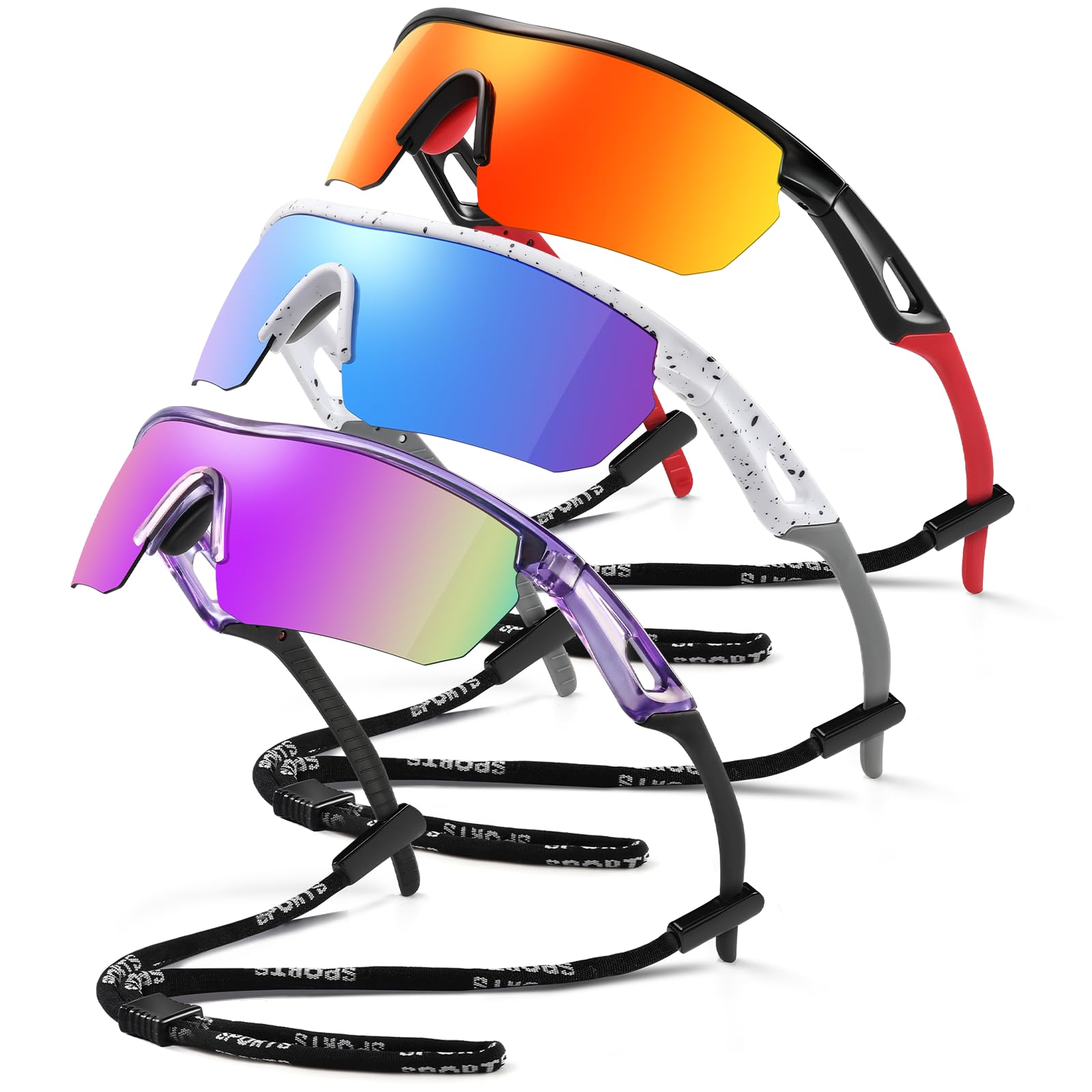 Kids Sunglasses Youth Baseball Sun Glasses Polarized Sports TR90 Lightweight UV400 Cycling Shades Frame Boys Girls (black+white+Transparent blue)-image-14