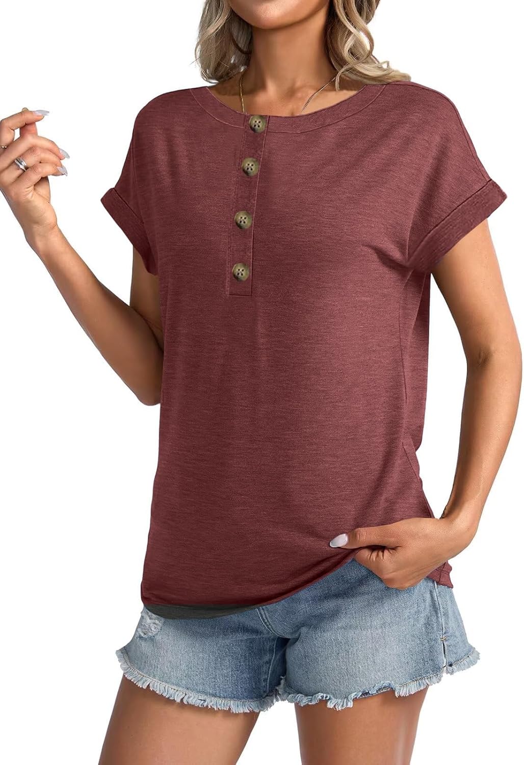 Women Short Sleeve Tunics Crew Neck Dressy Casual Loose Henley Shirts Summer Casual Tops Flowy T-Shirt - Image 3