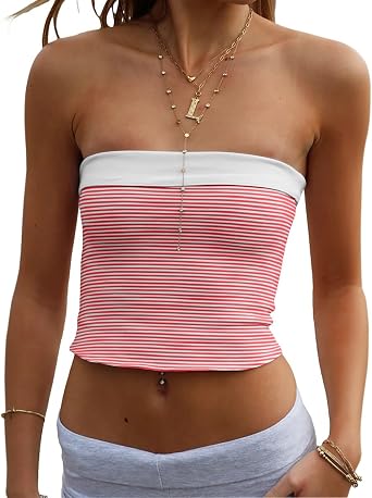 Cioatin Women Cute Reversible Foldover Strapless Stripe Bandeau Tube Tops Sleeveless Y2K Aesthetic Summer Going Out Crop Tank