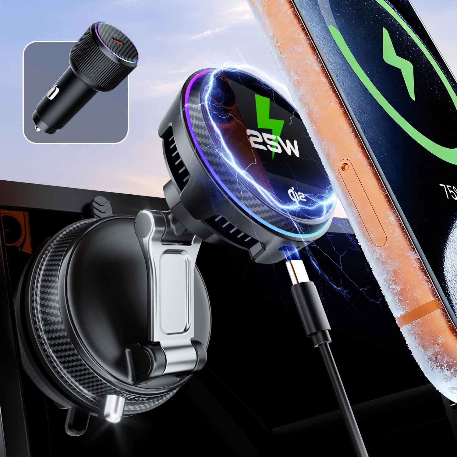 Qi2.2 25W Cargador Compatible con MagSafe para Coche, Soporte de Carga Inalámbrica Rápida con Iman Magnético para iPhone 17/16/15 Pro Max, Holder Móvil para Teléfono Auto incluido 45w Adaptador